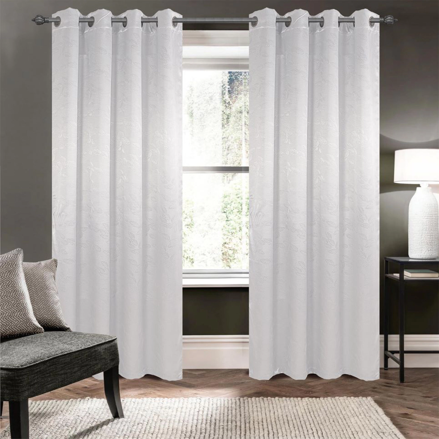 Olivia Gray 100% Polyester 200 GSM Arlo Embossed Blackout Grommet Curtain Panel 54" x 90" White