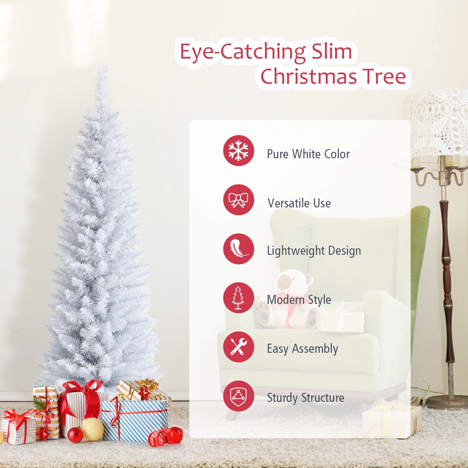 SUGIFT 5-ft White Slim Pencil Artificial Christmas Tree with 240 PVC Branch Tips and Folding Metal Stand