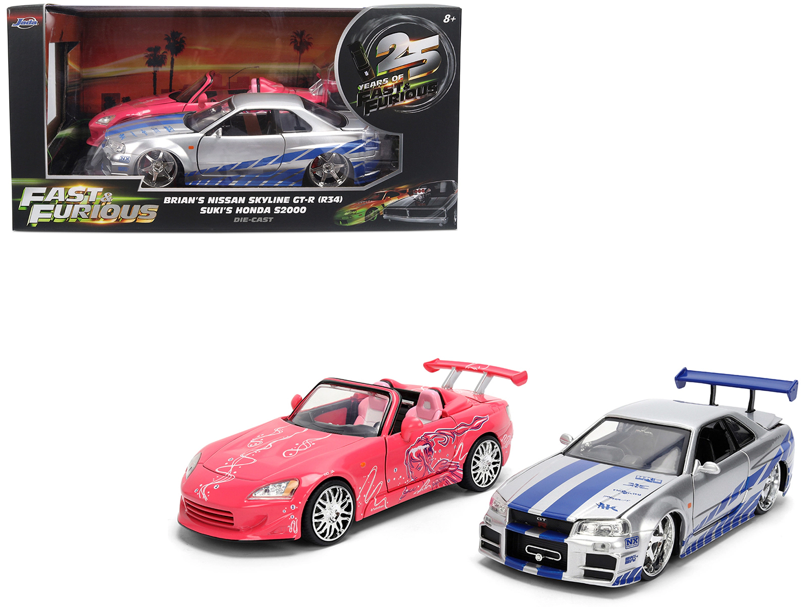 Jada Brian's Nissan Skyline GT-R (R34) Silver Metallic with Blue Stripes and Suki's Honda S2000 Pink with