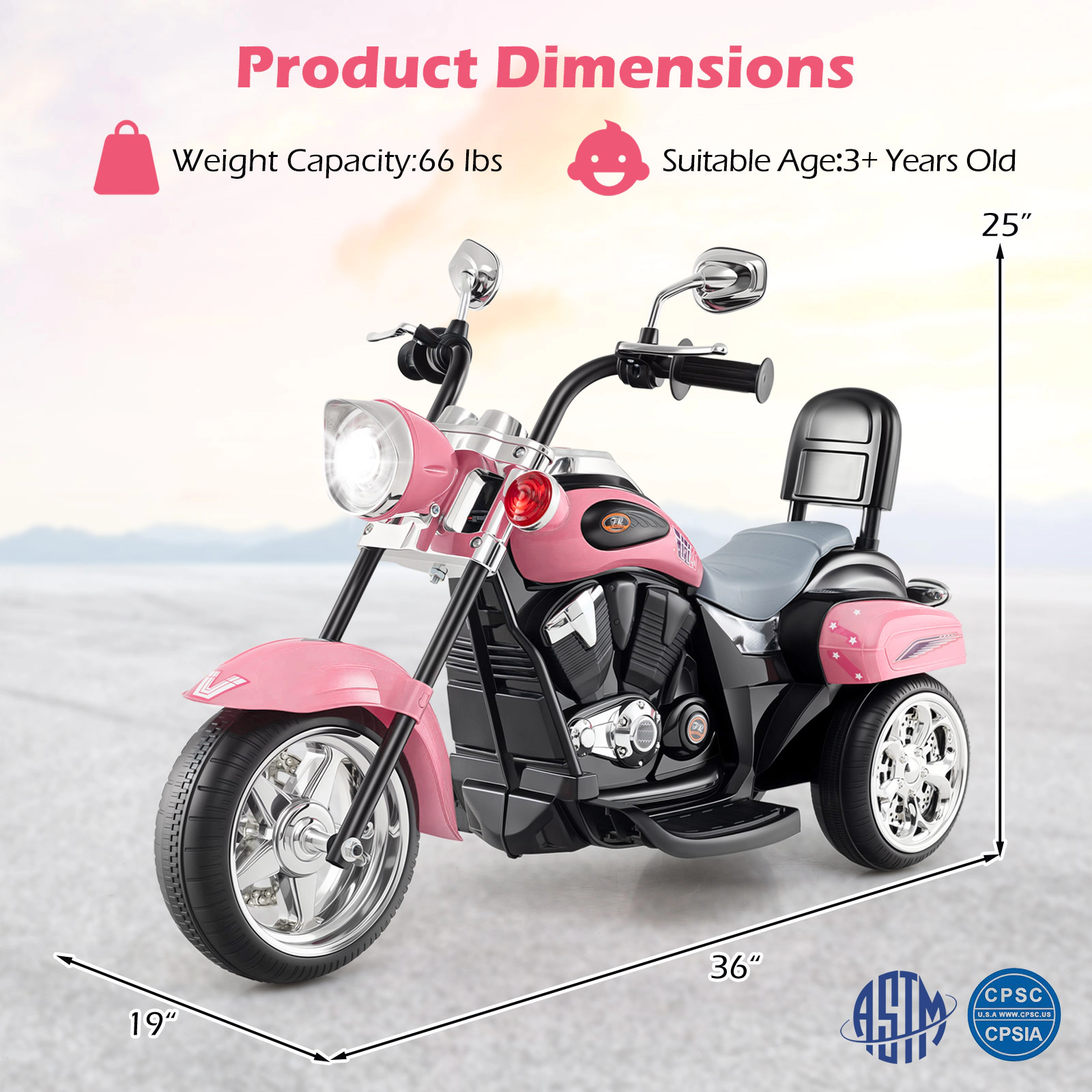 SUGIFT 6V Powered Toddler 3-Wheel Motorbike Ride On Toy with Horn and Headlight 66-lb Capacity Ages 3+ Heart Pink