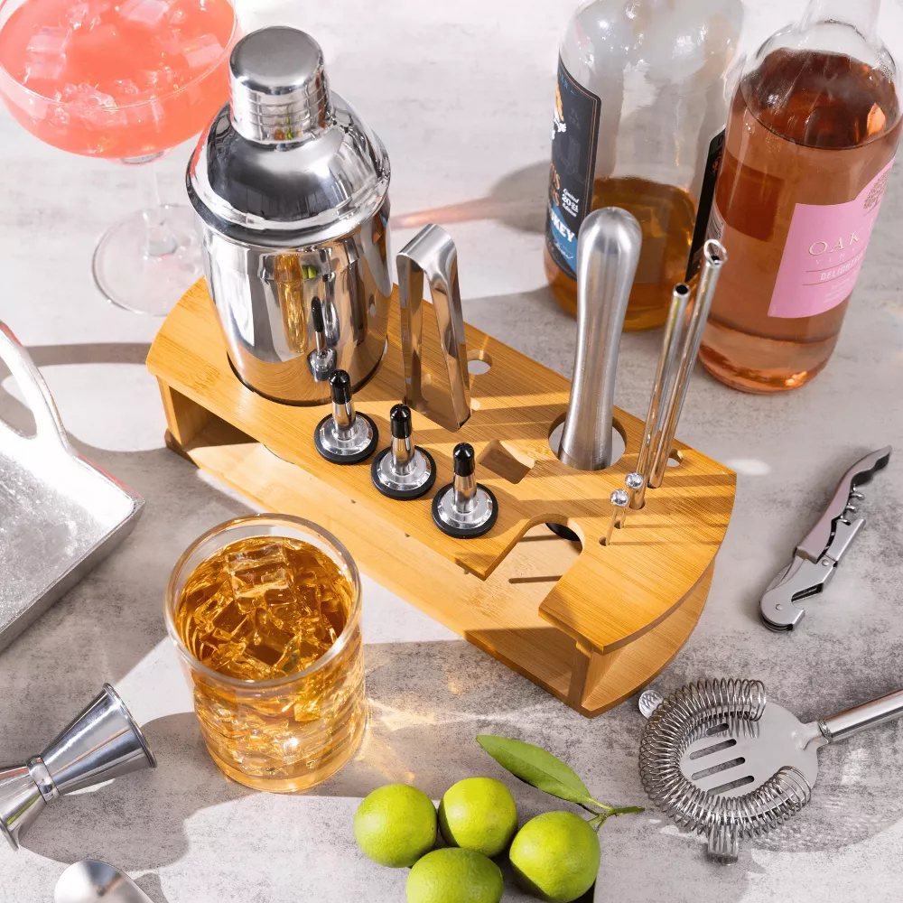 Luminuxe Cocktail Shaker Set Bartender Kit w Stylish Bamboo Stand 16 Piece Barware Mixing Tools, Bartending Kit Gift Set