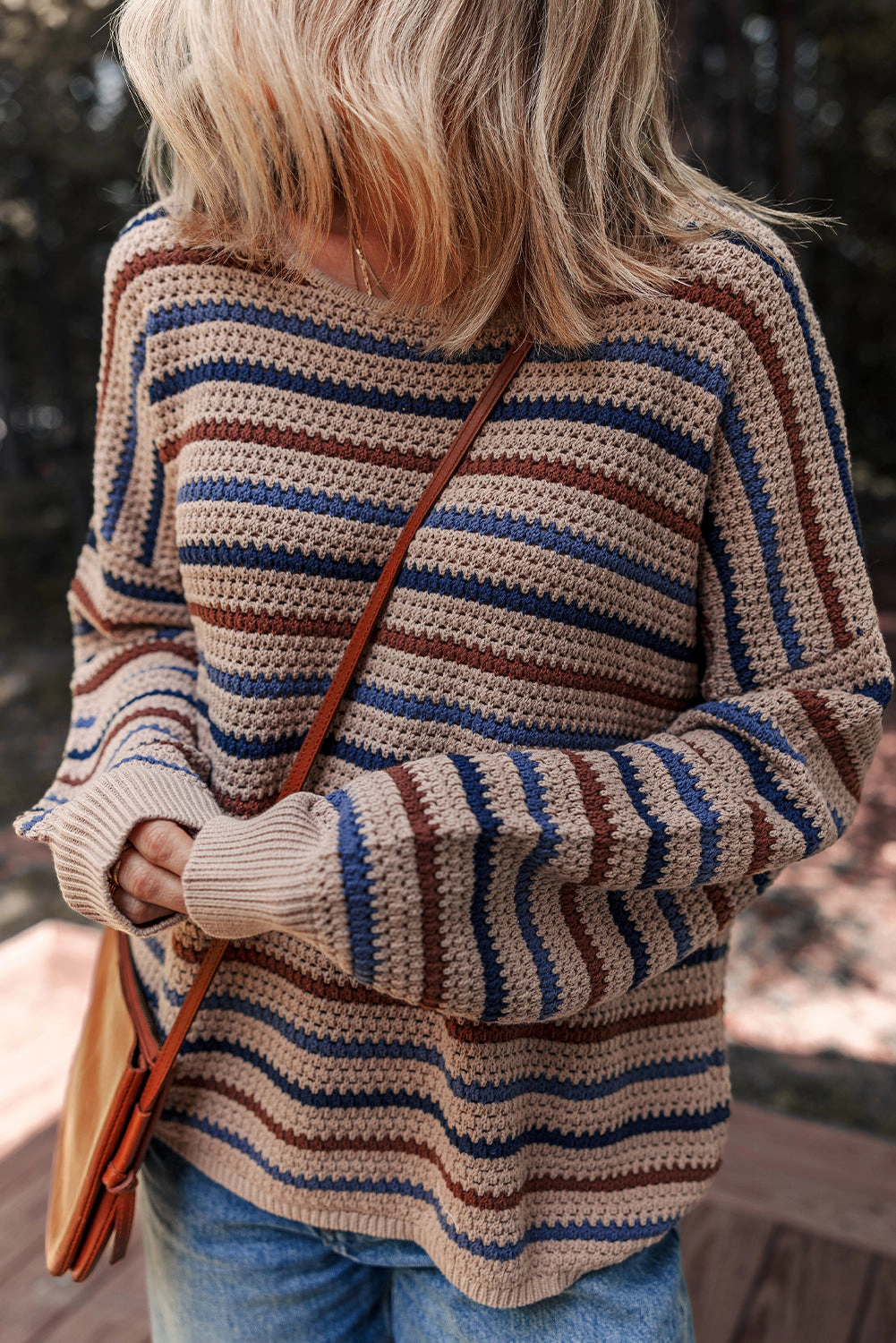 Threaded Pear Women's Emery Striped Knitted Drop Shoulder Round Neck Sweater