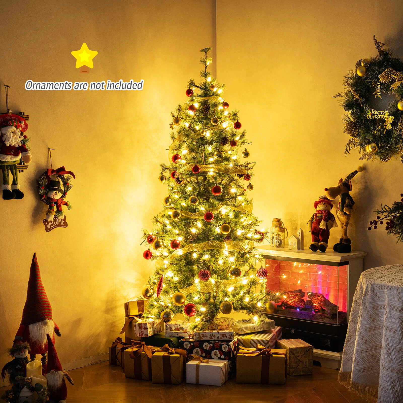 Costway 6/7/8 FT Artificial Christmas Tree with 702 Branch Tips, 28/36 Pine Cones & 400 LED Lights