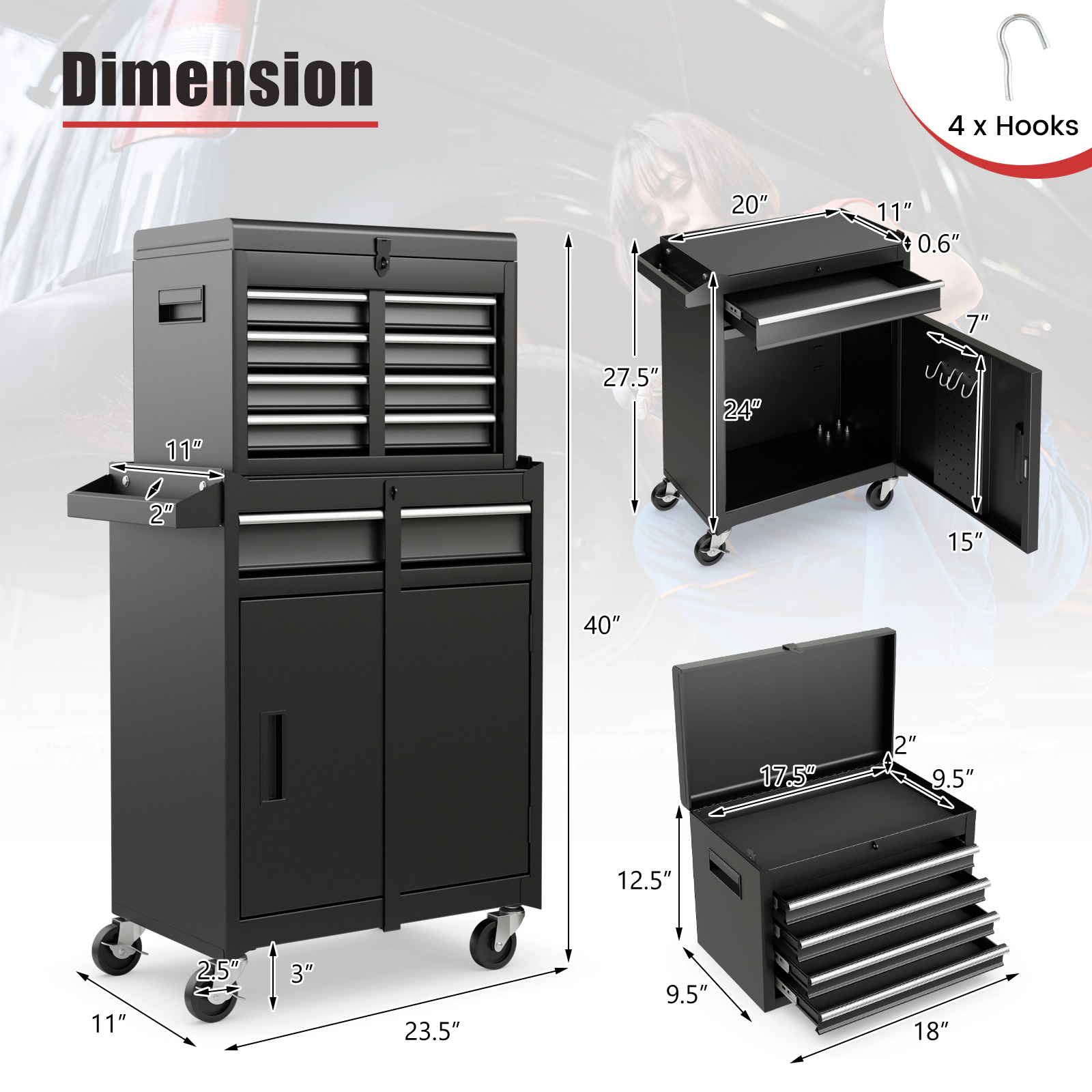 SUGIFT 2-in-1 5-Drawer 220.5-lb Capacity Steel Rolling Tool Chest and Cabinet with Lock Bars and Side Hooks