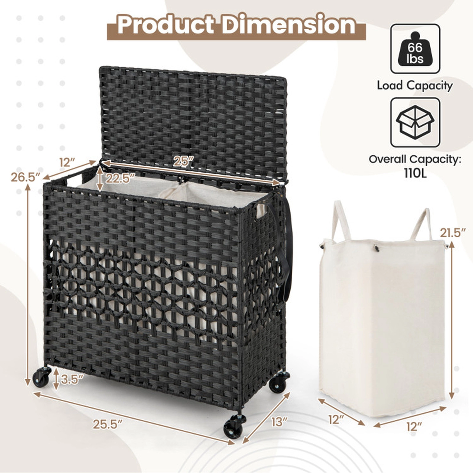 SUGIFT Black 110L 2-Section Rolling Laundry Sorter Hamper with Lockable Wheels and Washable Liners