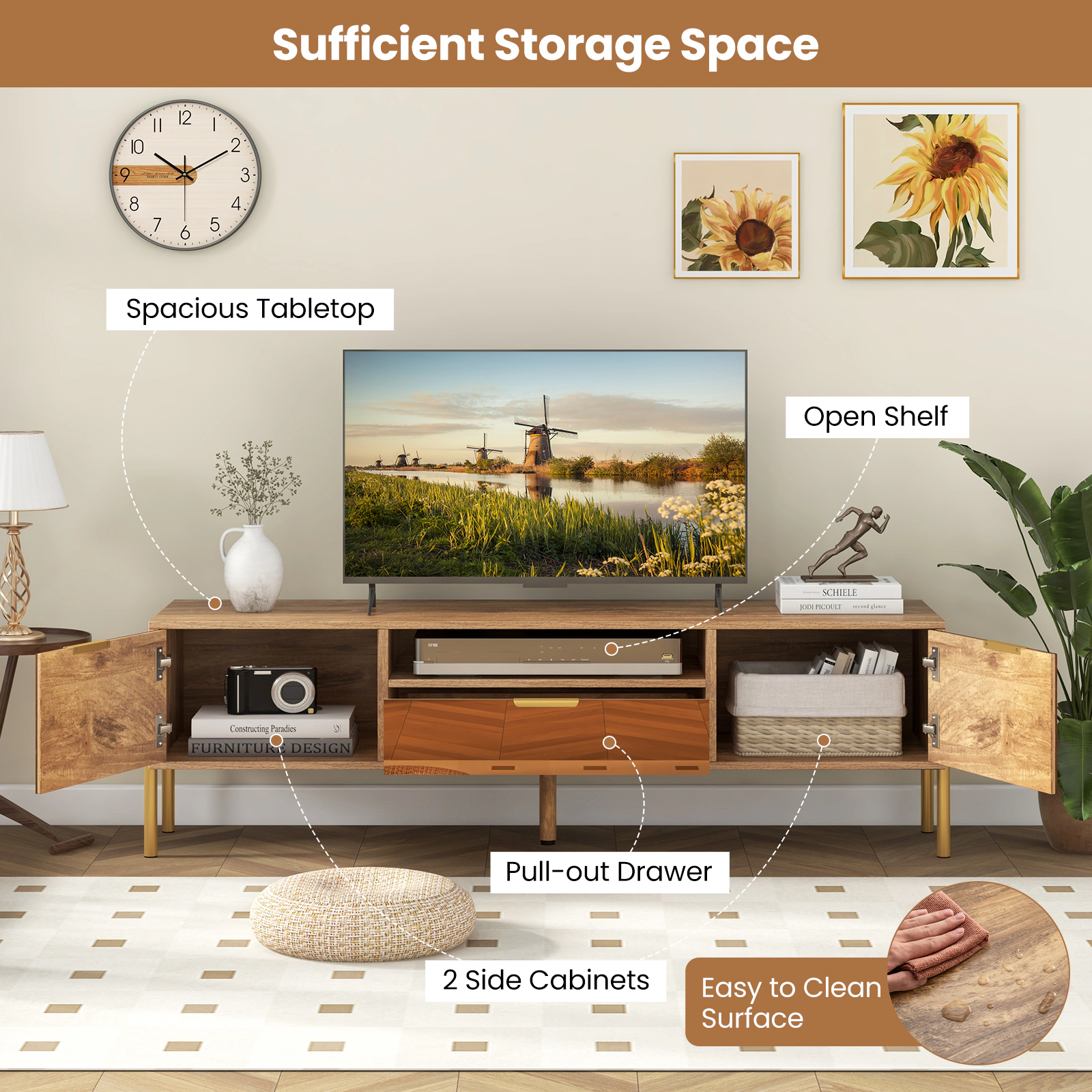 SUGIFT Mirrored TV Stand for TV up to 65 Inch with 58-in Tabletop, Drawer and 2 Storage Cabinets 220-lb Capacity Natural
