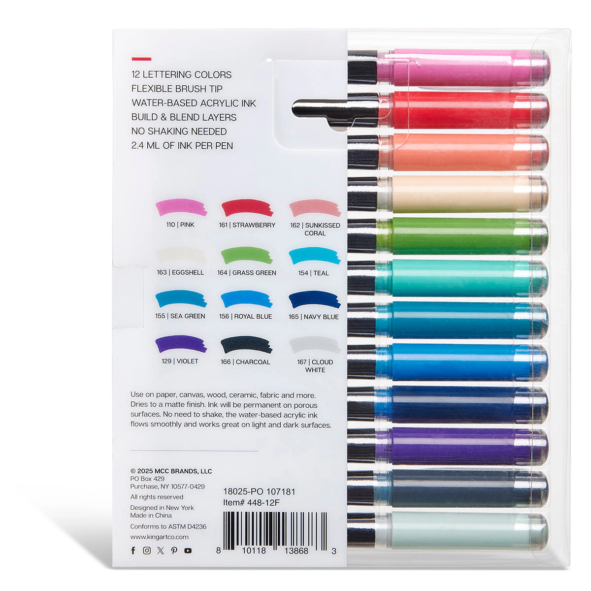 KINGART PRO Acrylic Brush Pens - 12 Lettering Colors