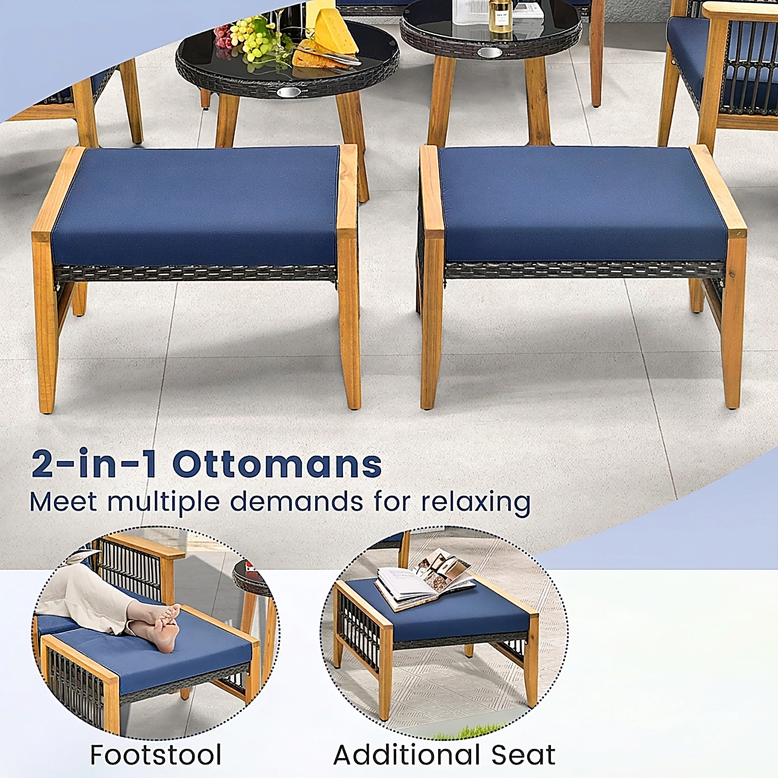 SUGIFT 2 Ottomans and Round Coffee Table 5-Piece Navy Patio Furniture Set