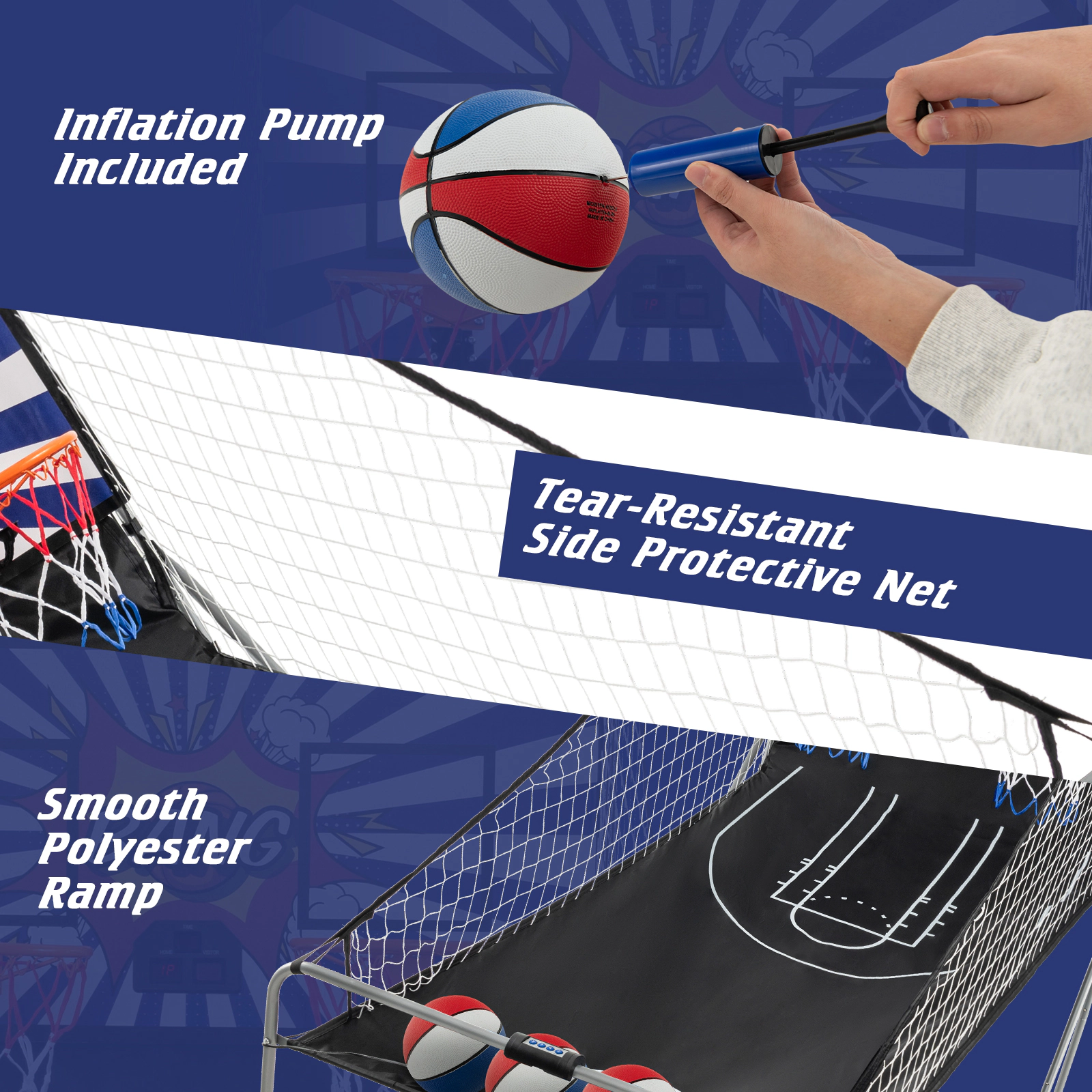SUGIFT Dual Shot Basketball Arcade Game 8 Modes Electronic Scoring 4 Basketballs 43 x 32 x 81-in Folded Ages 6+ White