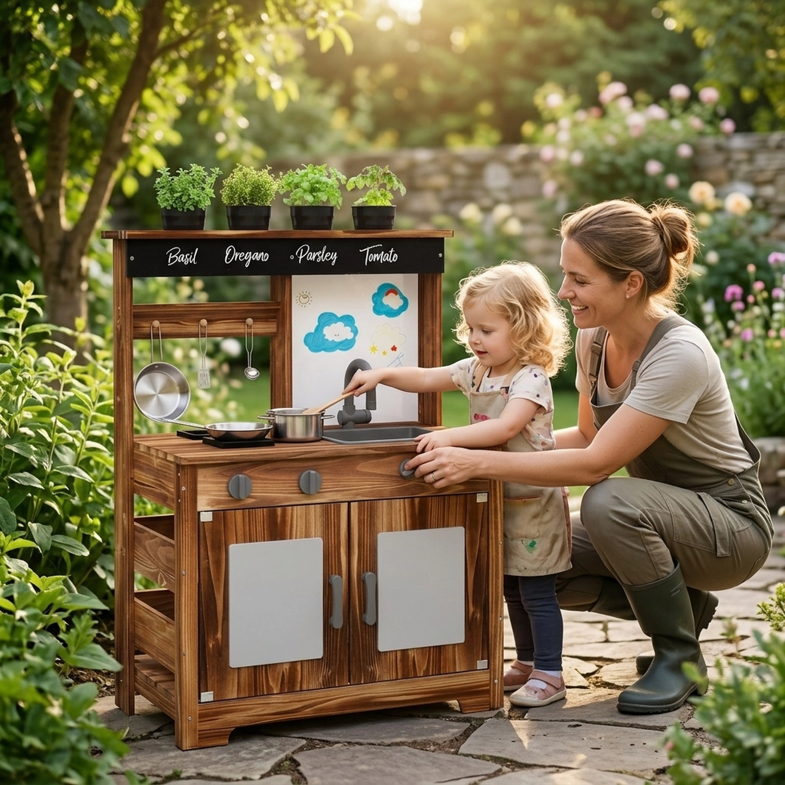 Fir Wood Mud Kitchen 4 Planting Pots DIY Acrylic Board Chalkboard Removable Sink 27-in Outdoor Kitchen Ages 3+ Natural