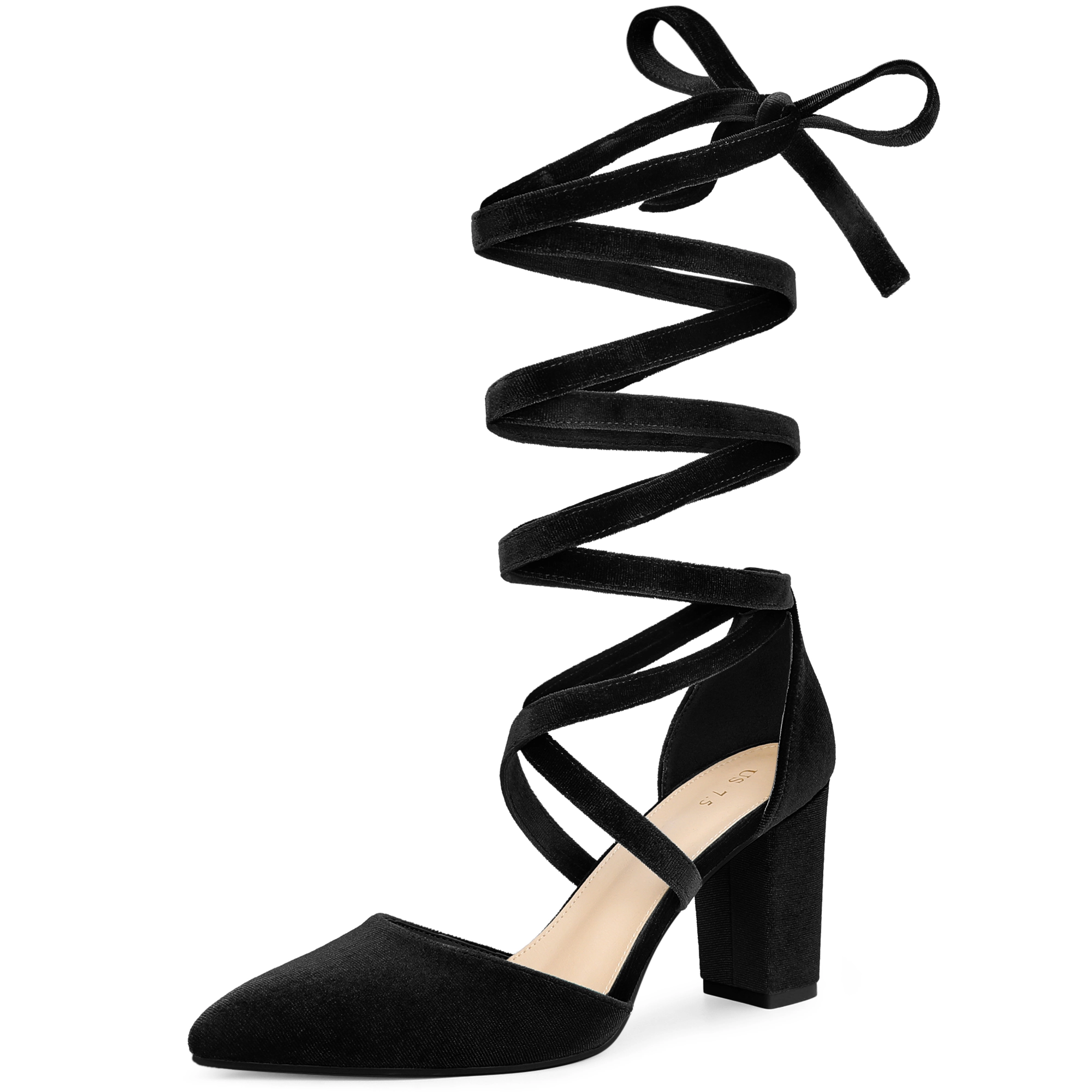 BLISSFUL STEP Women Velvet Lace Up Pointed Toe Chunky Heels Pumps Dress Shoes