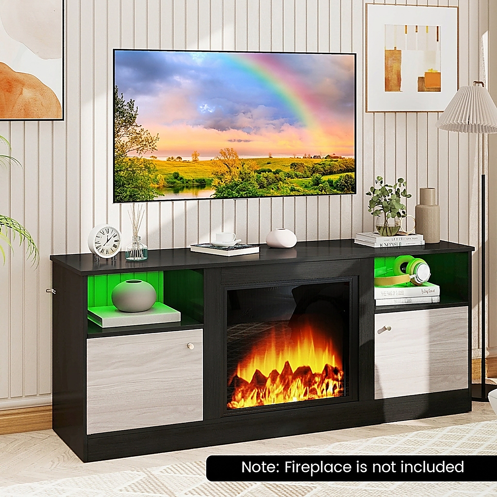 SUGIFT 57.5-Inch TV Stand for TVs up to 65 Inches, RGB LED Lights, 2 Cabinets, Fireplace-Ready Bay