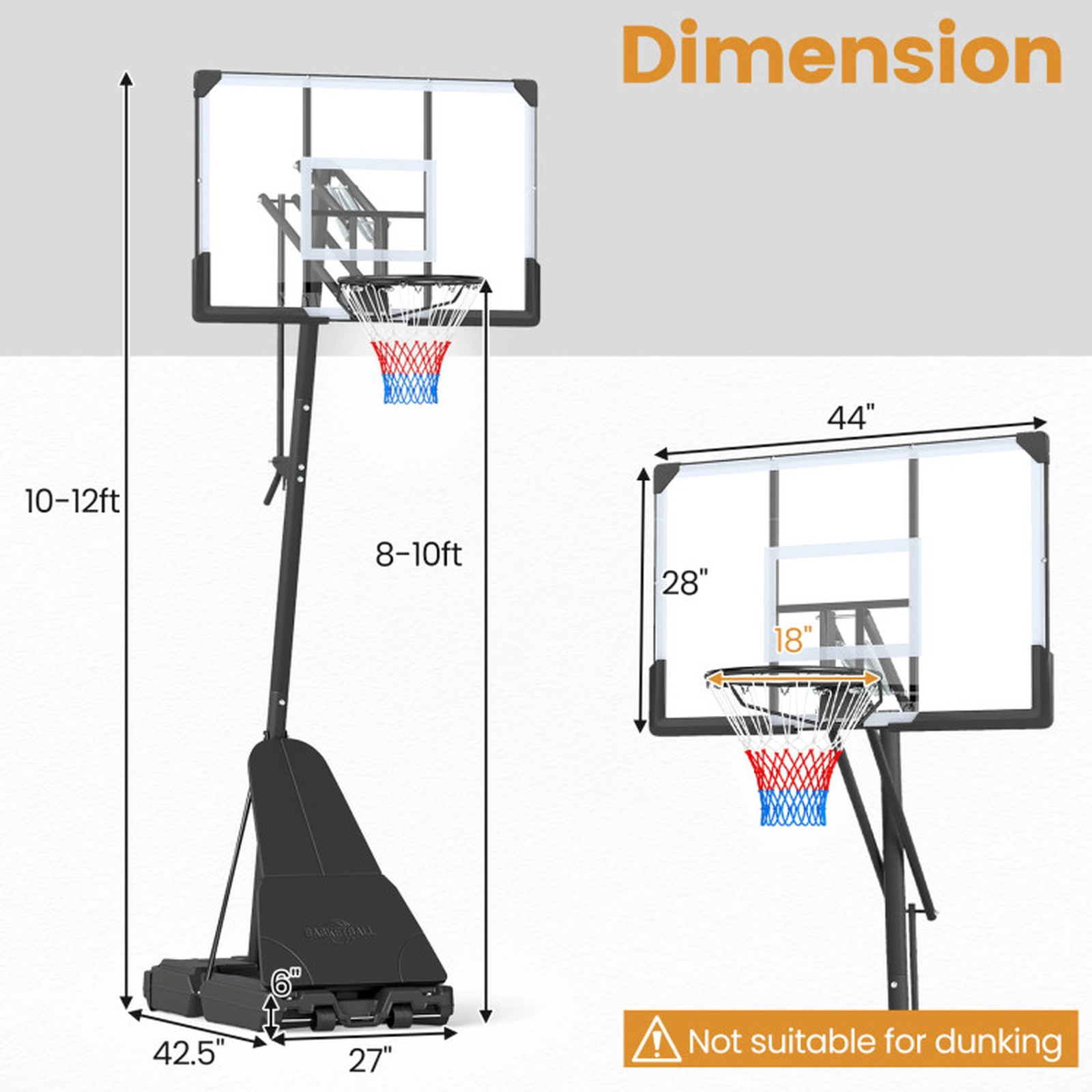 SUGIFT Height Adjustable Portable Outdoor Basketball Hoop System 8-10 ft Rim with 44-in Backboard Black