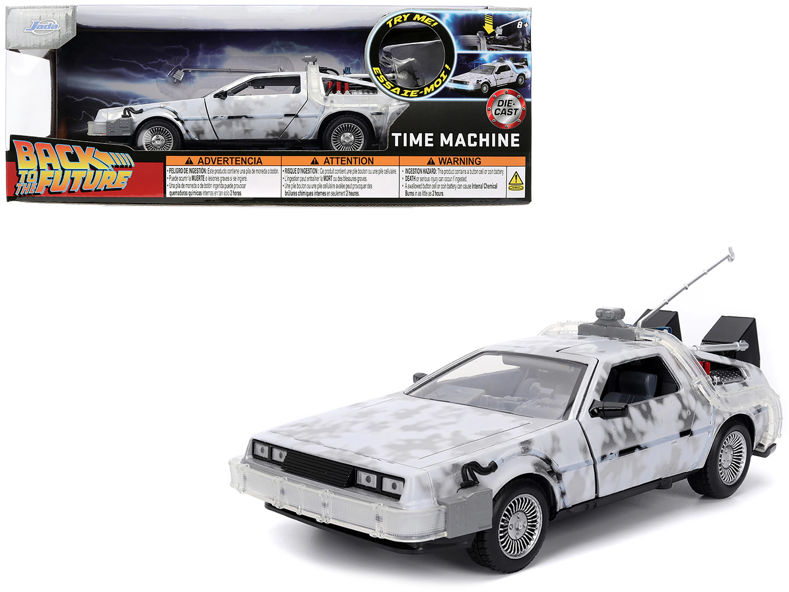 Jada DMC DeLorean Time Machine Brushed Metal (Frost Version) with Lights "Back to the Future" (1985) Movie