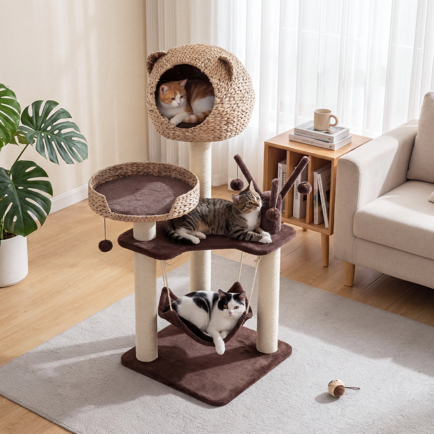 Glintex 48-Inch 5-Tier Cat Tree with Cattail Fluff Condo Hammock and 4 Jingling Balls