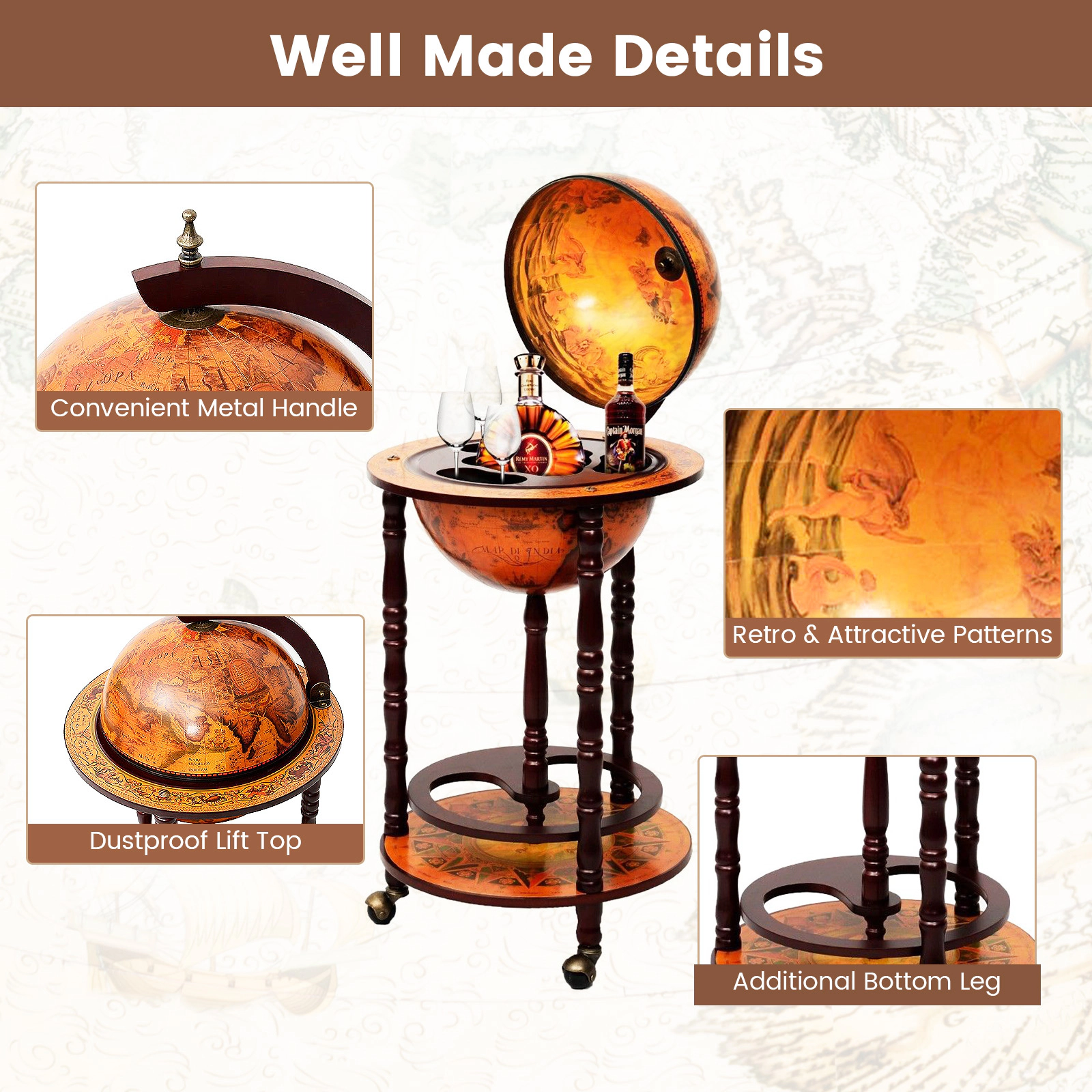 Hivvago Wooden Globe Bar Cabinet with Wine Storage
