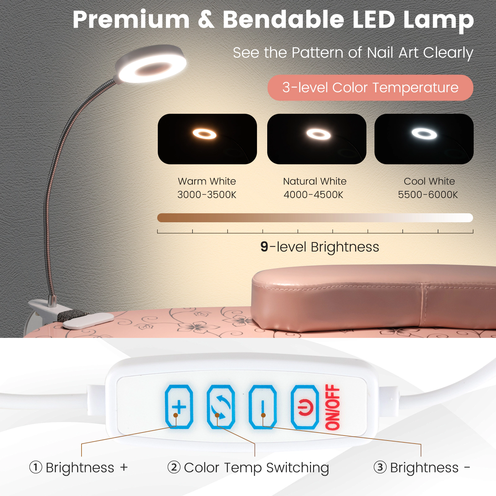 SUGIFT 66-lb Capacity Folding Manicure Table with Bendable USB LED Lamp Dust Collector and Carrying Bag
