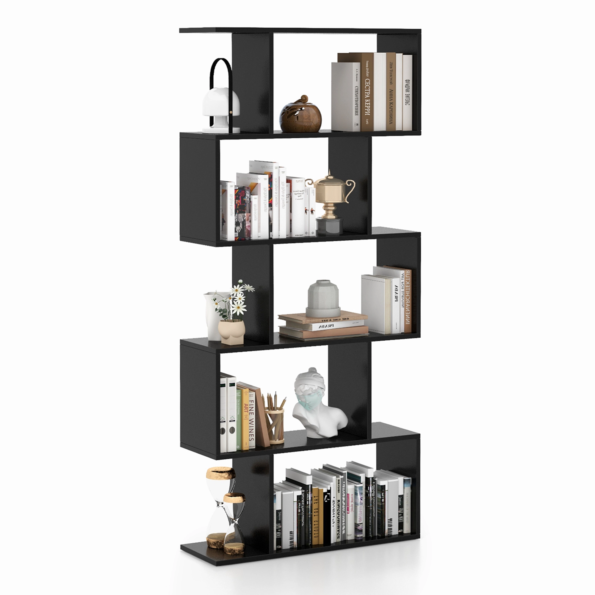 Costway 1/2 PCS 5-Tier Bookshelf Geometric S-Shaped Bookcase Room Divider Storage Display
