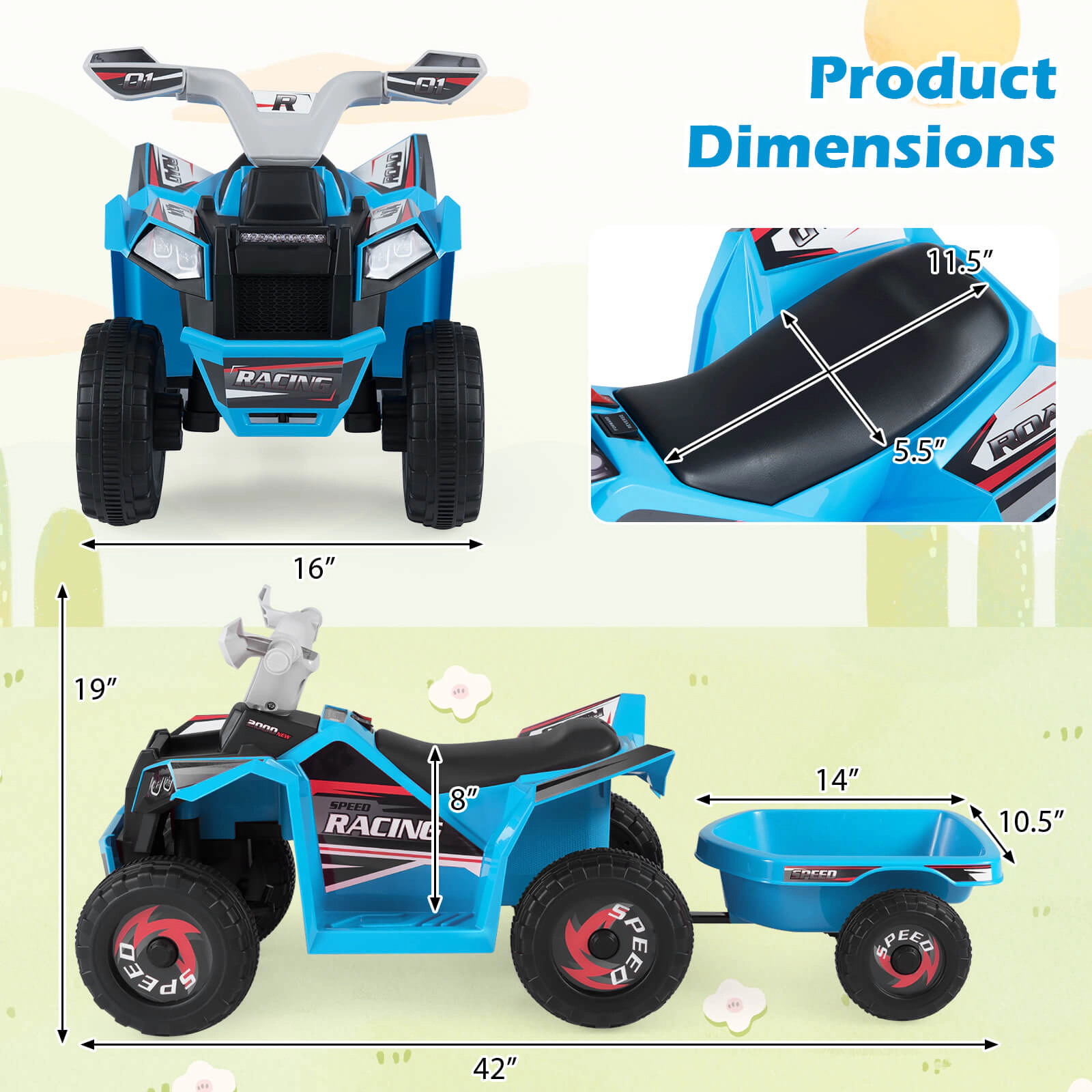 Costway Kids Electric ATV Car, 6V Battery-Powered Ride on Toy with Removable Back Trailer