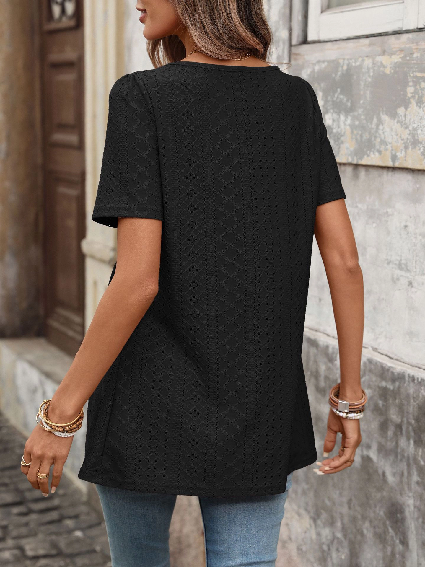 Enchanted Funland Womens Square Neck Eyelet Short Sleeve Peplum Tunic Blouse