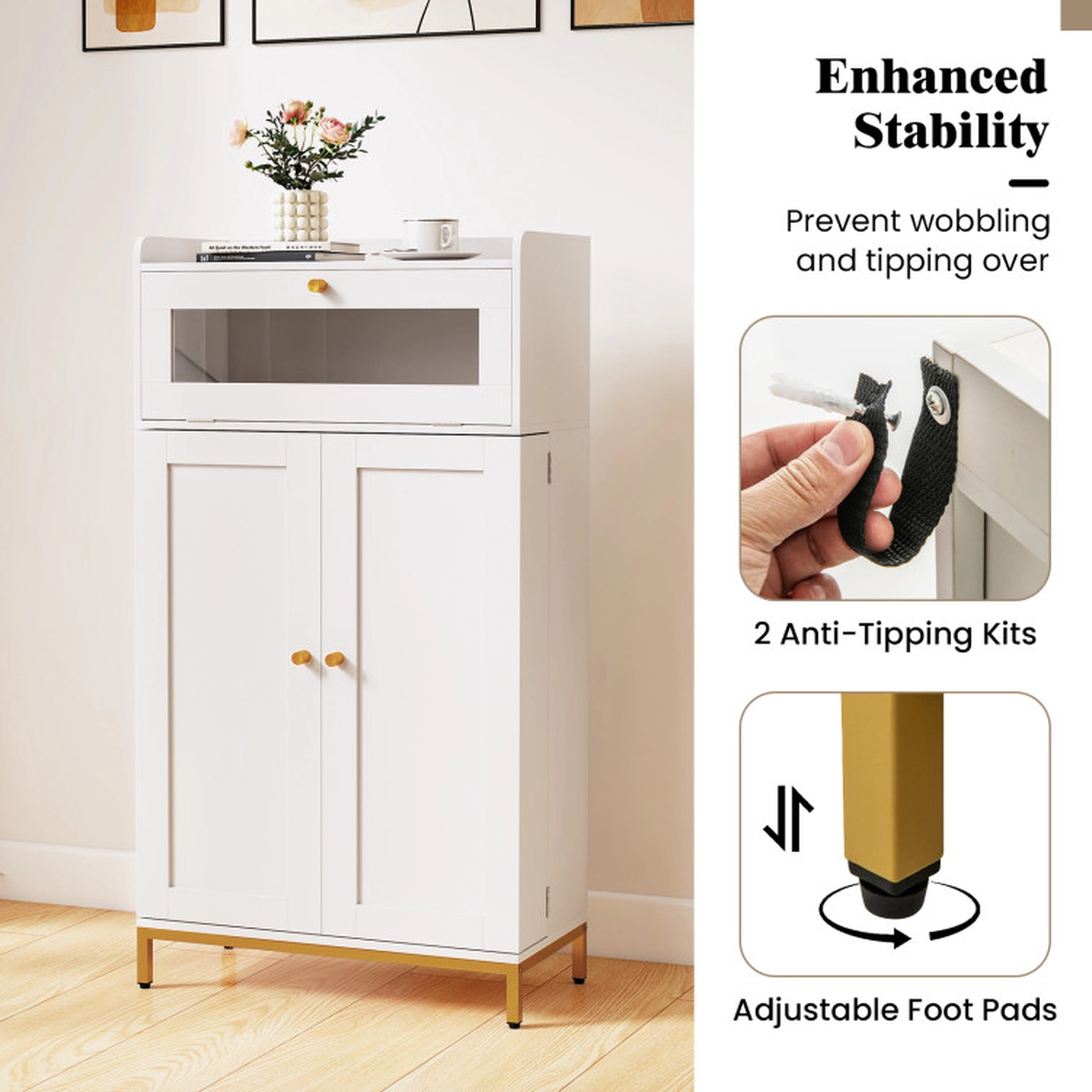 SUGIFT 43.5-in LED Charging Station Acrylic Flip Door Kitchen Pantry Cabinet 23.5-in x 12-in 70-lb Capacity White