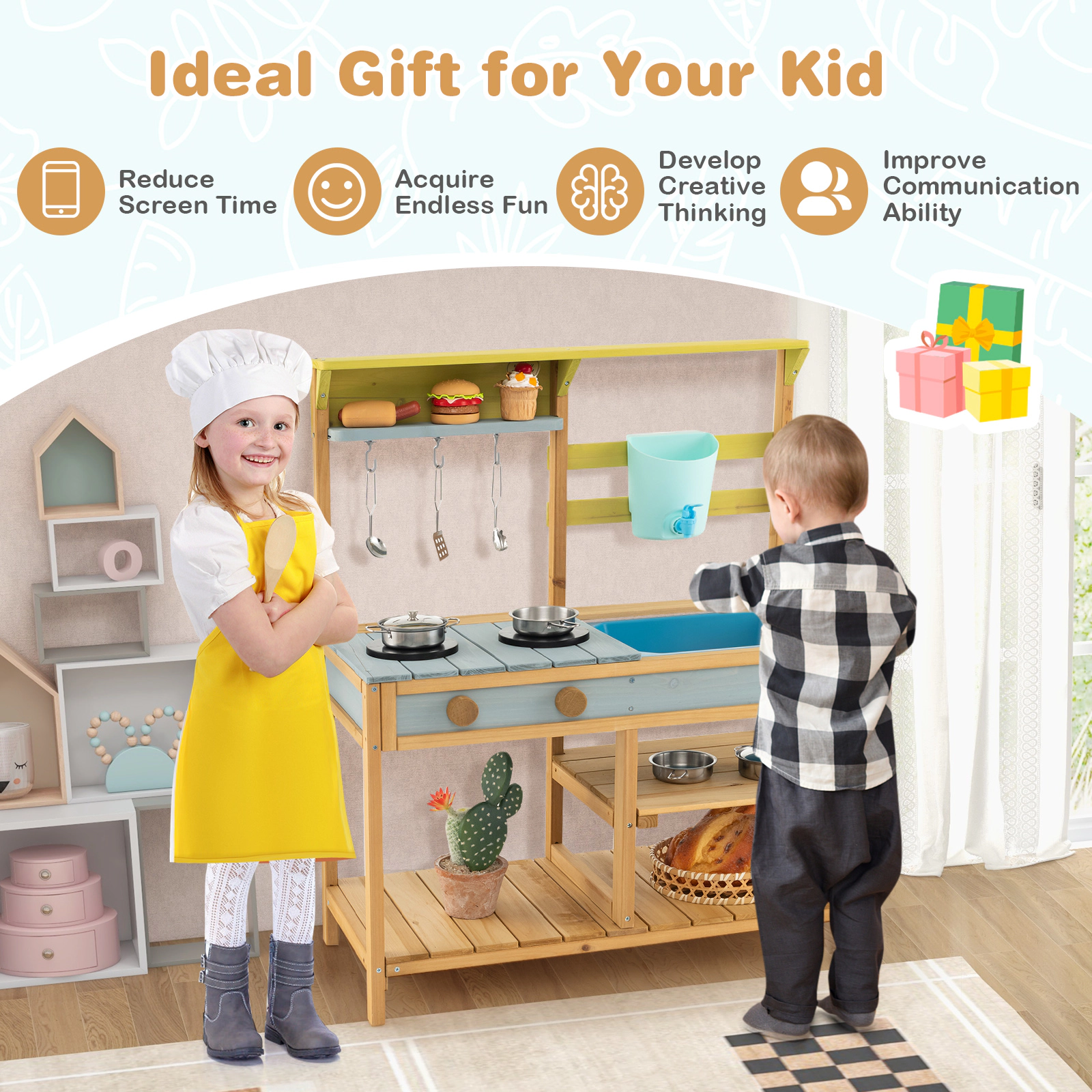 SUGIFT Natural Faucet Water Box and Removable Sink Outdoor Kids Wooden Mud Kitchen