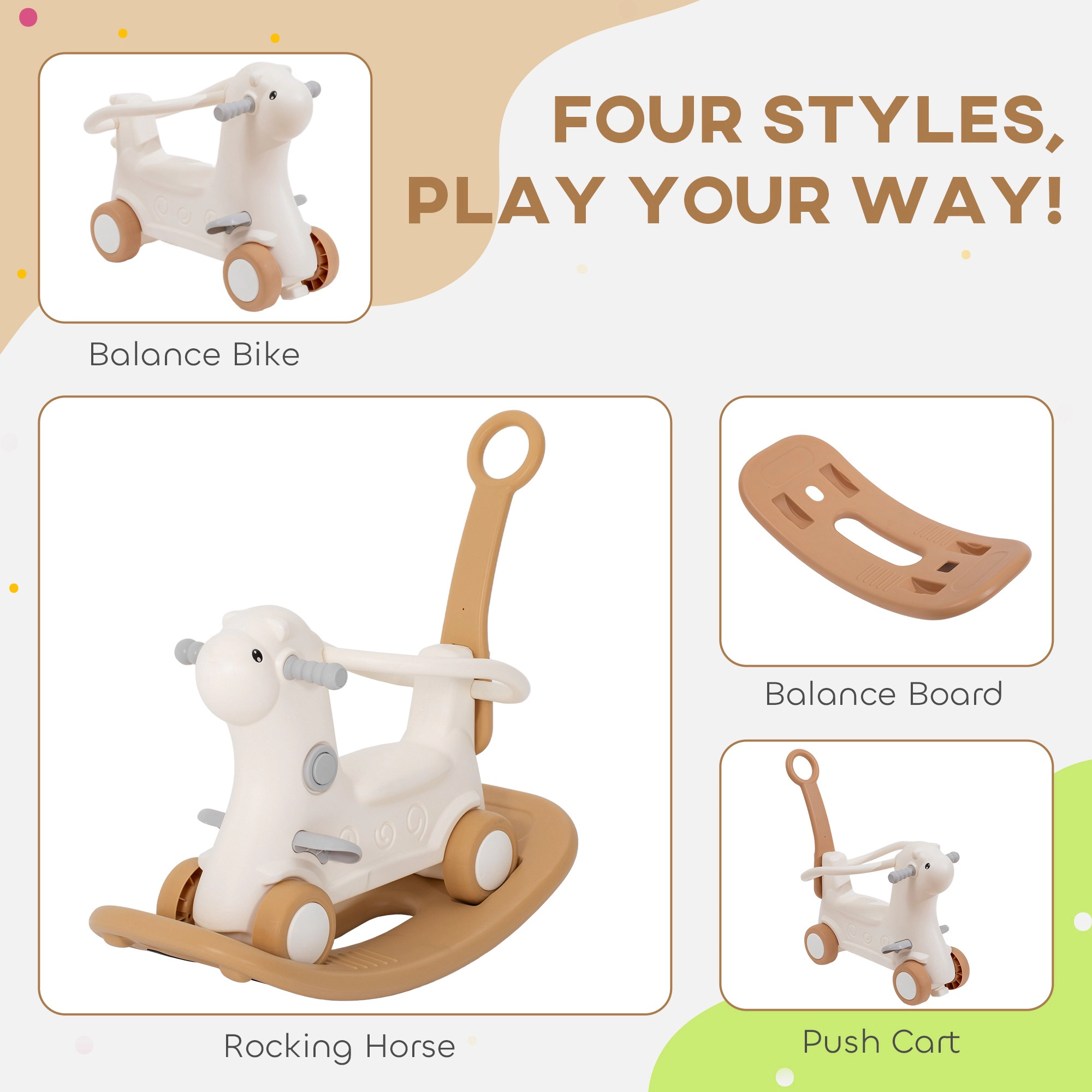 HONGGE 4-in-1 Alpaca Rocking Horse with Balance Board and Push Handle, HDPE Toy for Toddlers Ages 1-3