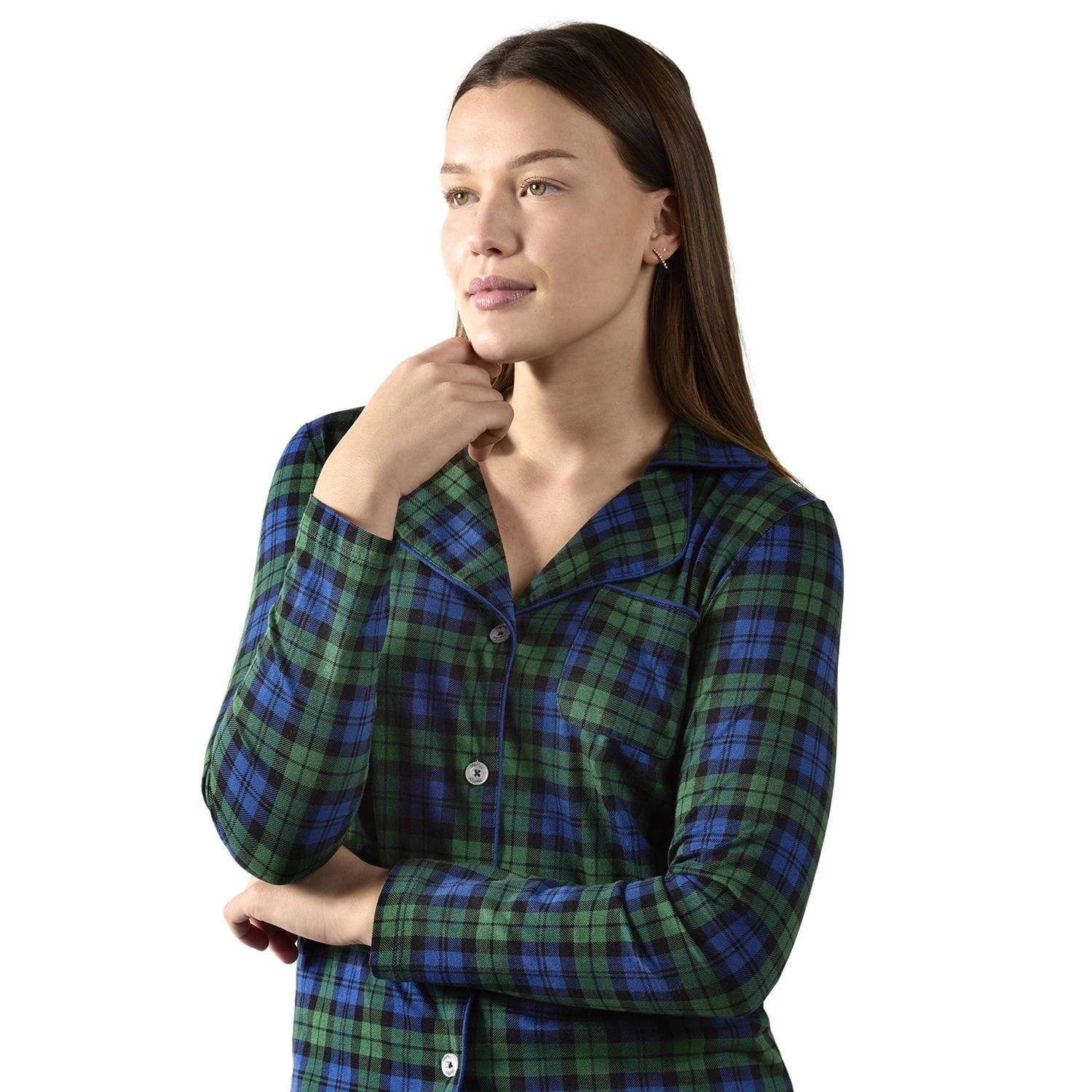 2 Piece Women's Plaid Cotton-Blend Notch-Collar Button-Down Pajama Set a Bag