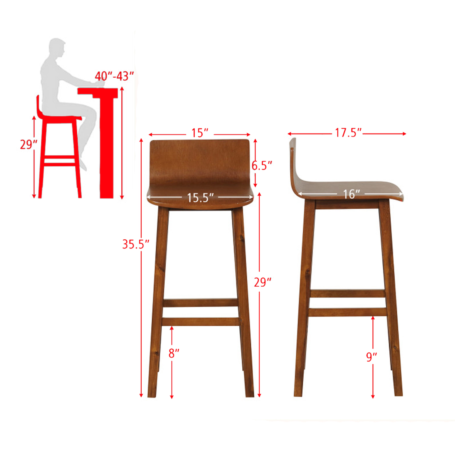 Hivvago 29" Bar Stools with Sturdy Wood Frame and Full Back Support - Set of 2