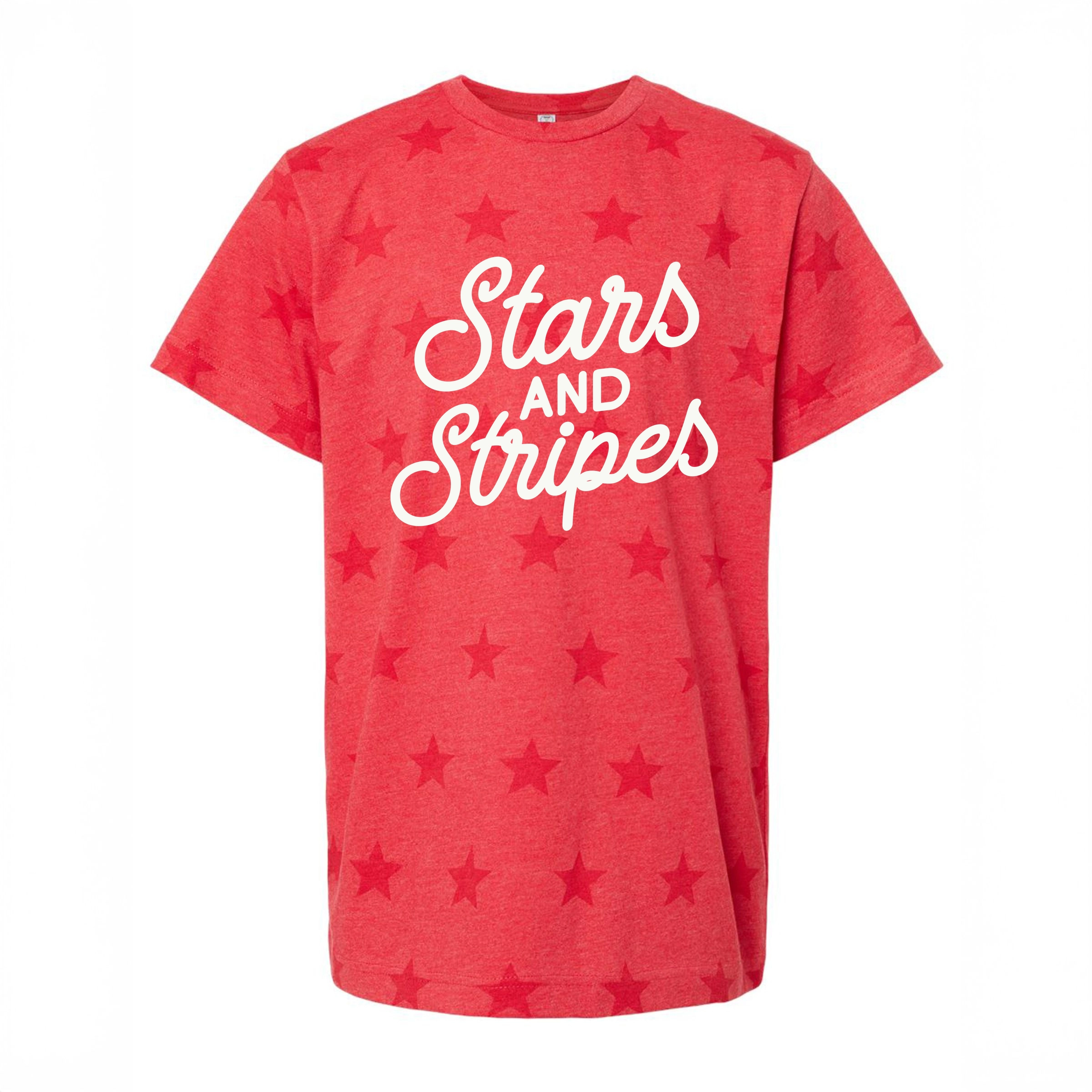 The Juniper Shop - Stars and Stripes Slanted Cursive Puff Print Youth Short Sleeve Star Tee