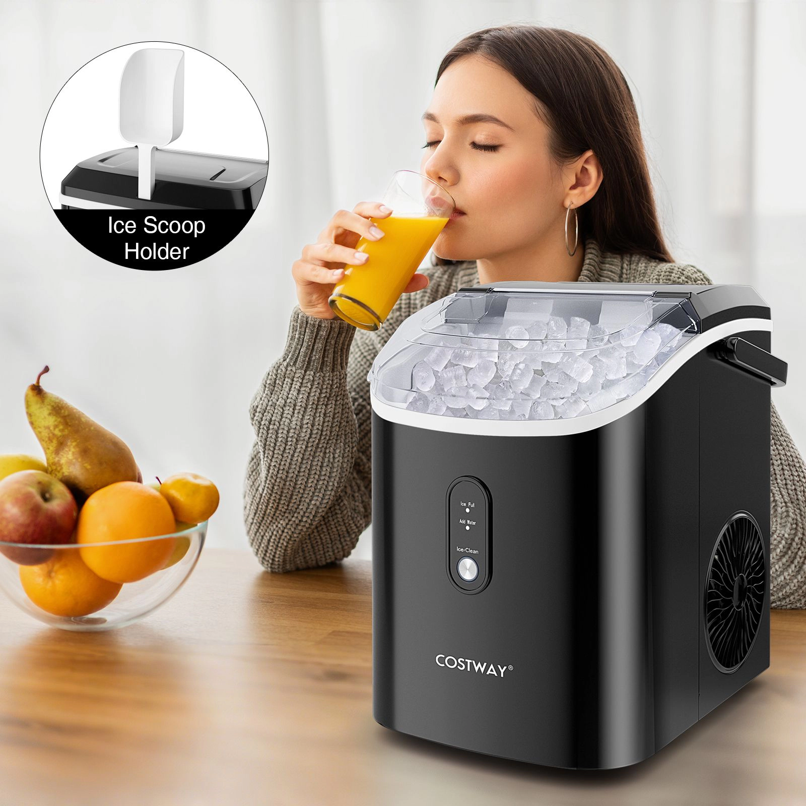 SlickBlue Black Silver Stainless Steel Nugget Ice Maker, 34 Lbs Daily, 6-Minute Cycle, Self-Cleaning