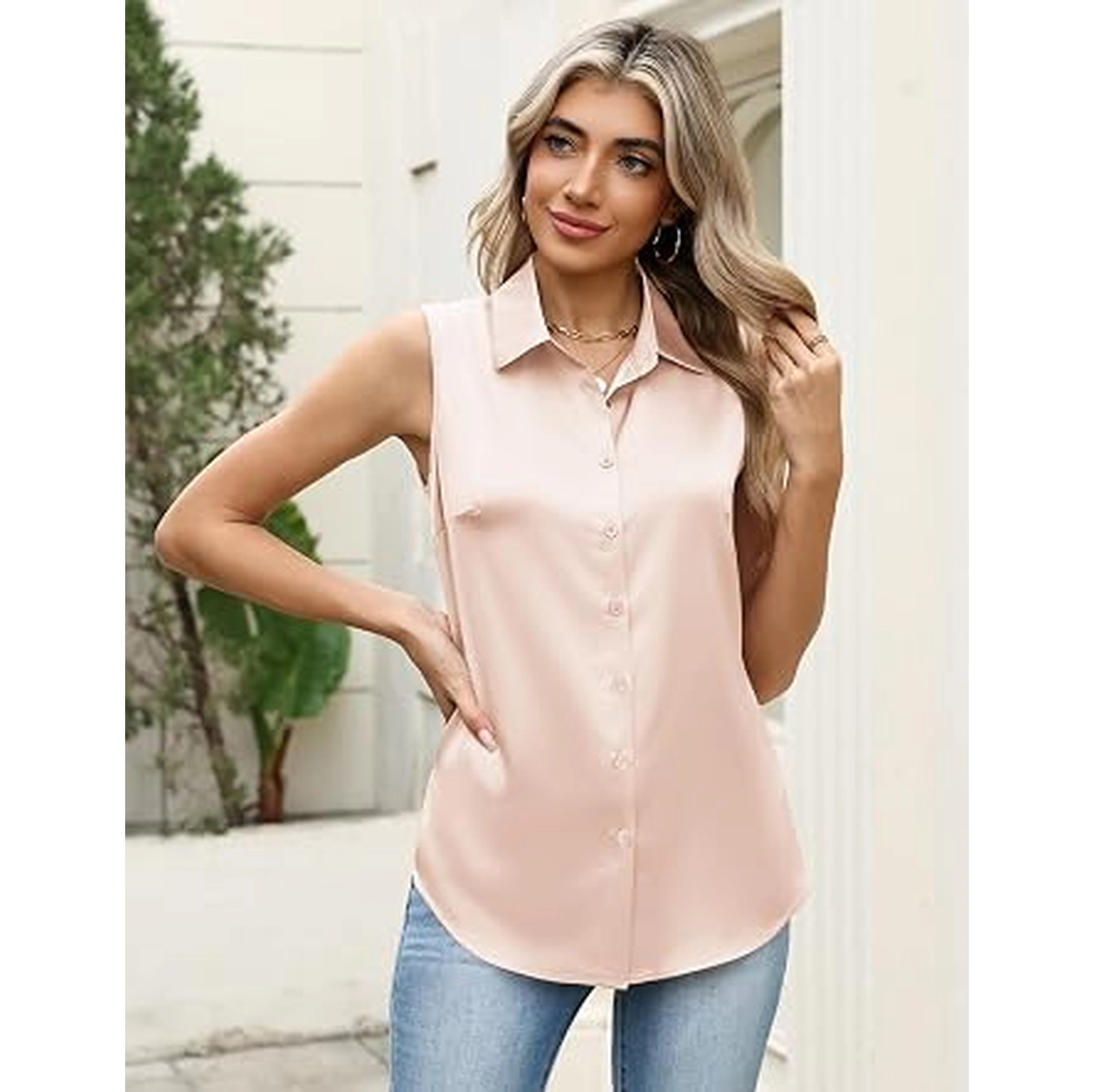 Zeagoo Women's Button Down Sleeveless Blouse, Summer Silk Satin Loose Dressy Tank Tops for Work