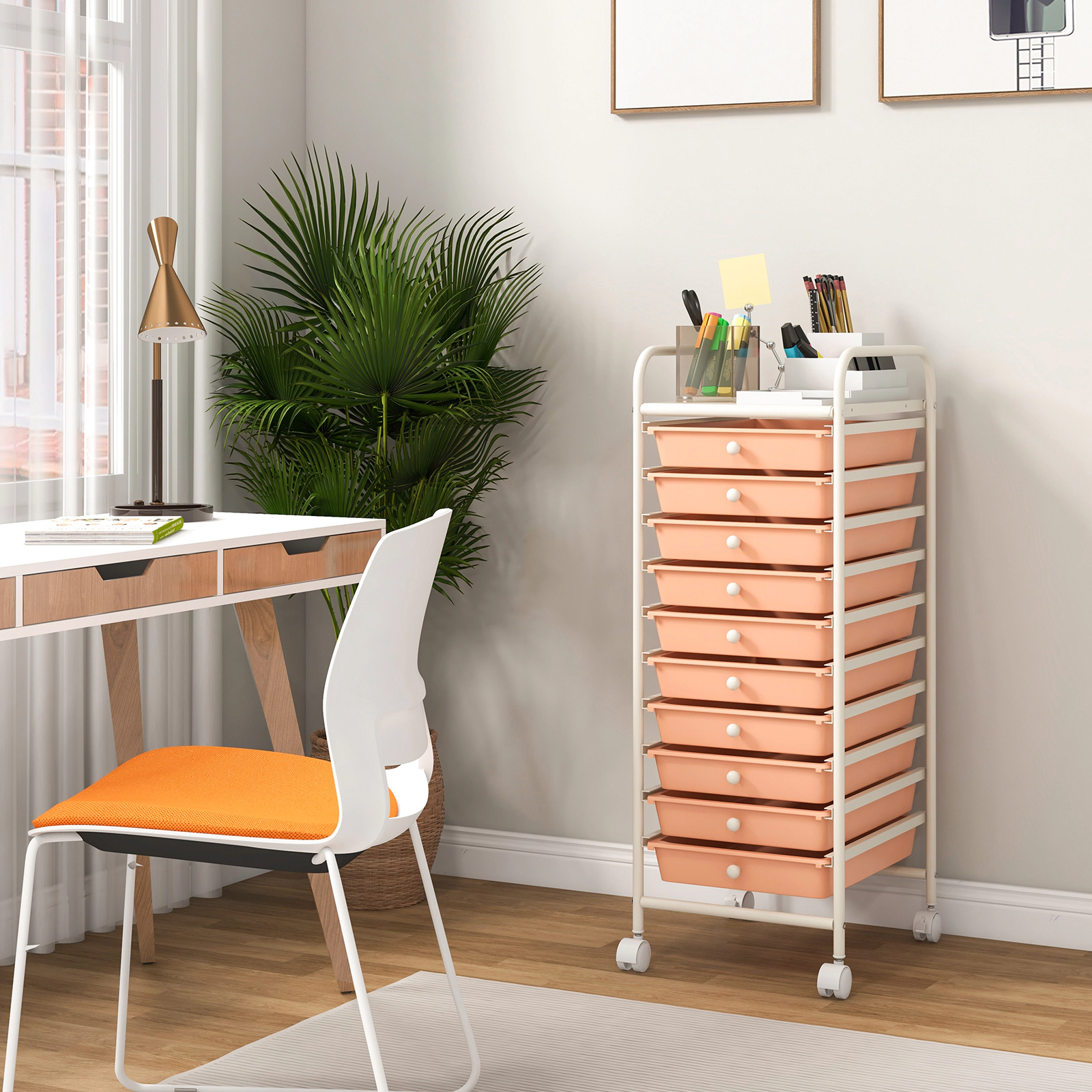 SUGIFT Cherry 34-in 10-Drawer Rolling Storage Cart Household Organizer for Batteries and First Aid