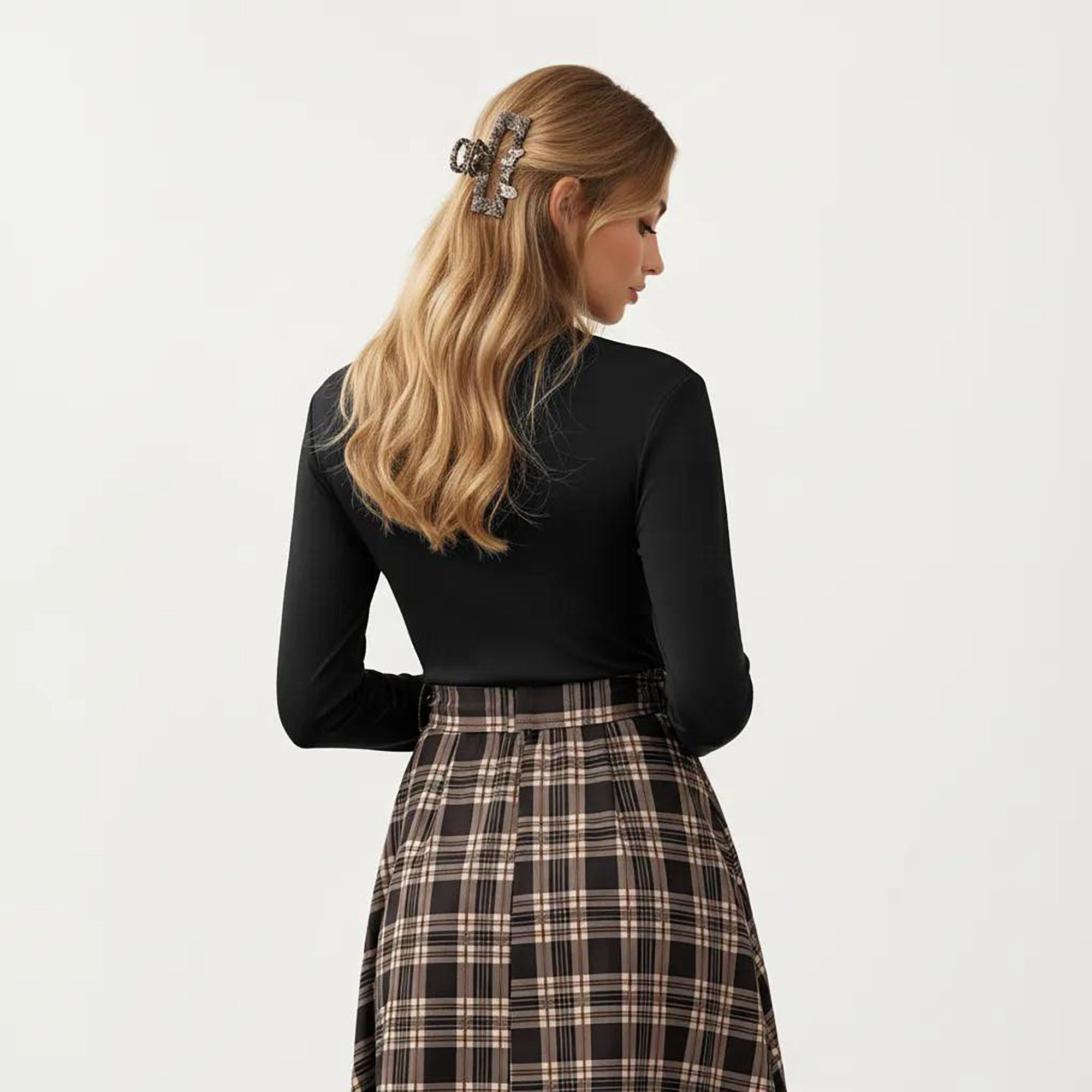 Anna-Kaci Women's Long Sleeve Turtleneck Plaid Waist Tie Dress