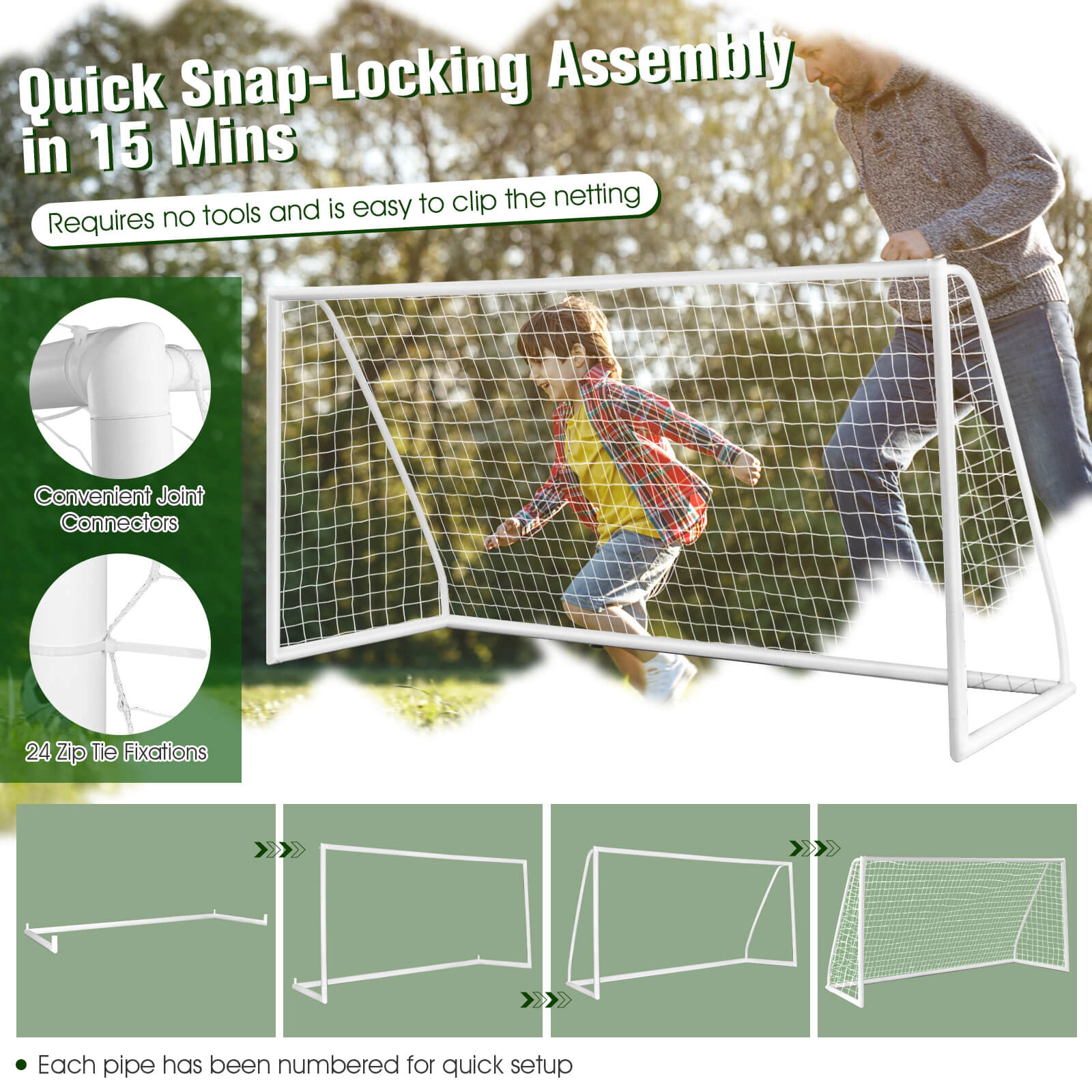 SUGIFT 12 x 6-ft Soccer Goal Thickened PVC Frame PE Net 6 Ground Pegs 143.7 x 47.24 x 71.65-in Ages 6+ White