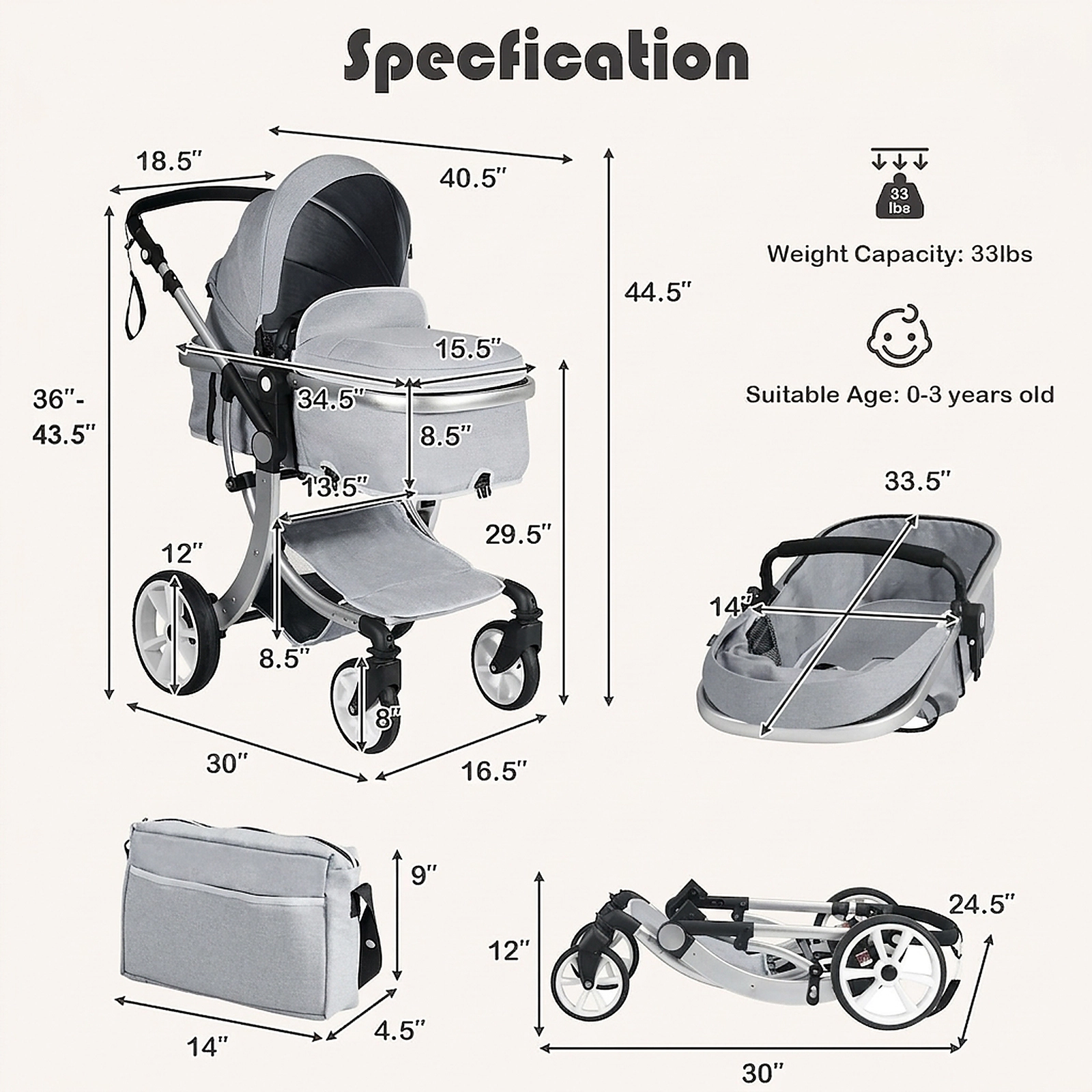 SUGIFT Folding Aluminum Infant Reversible Stroller with Diaper Bag 33-lb Capacity Ages 0-3 Years Gray