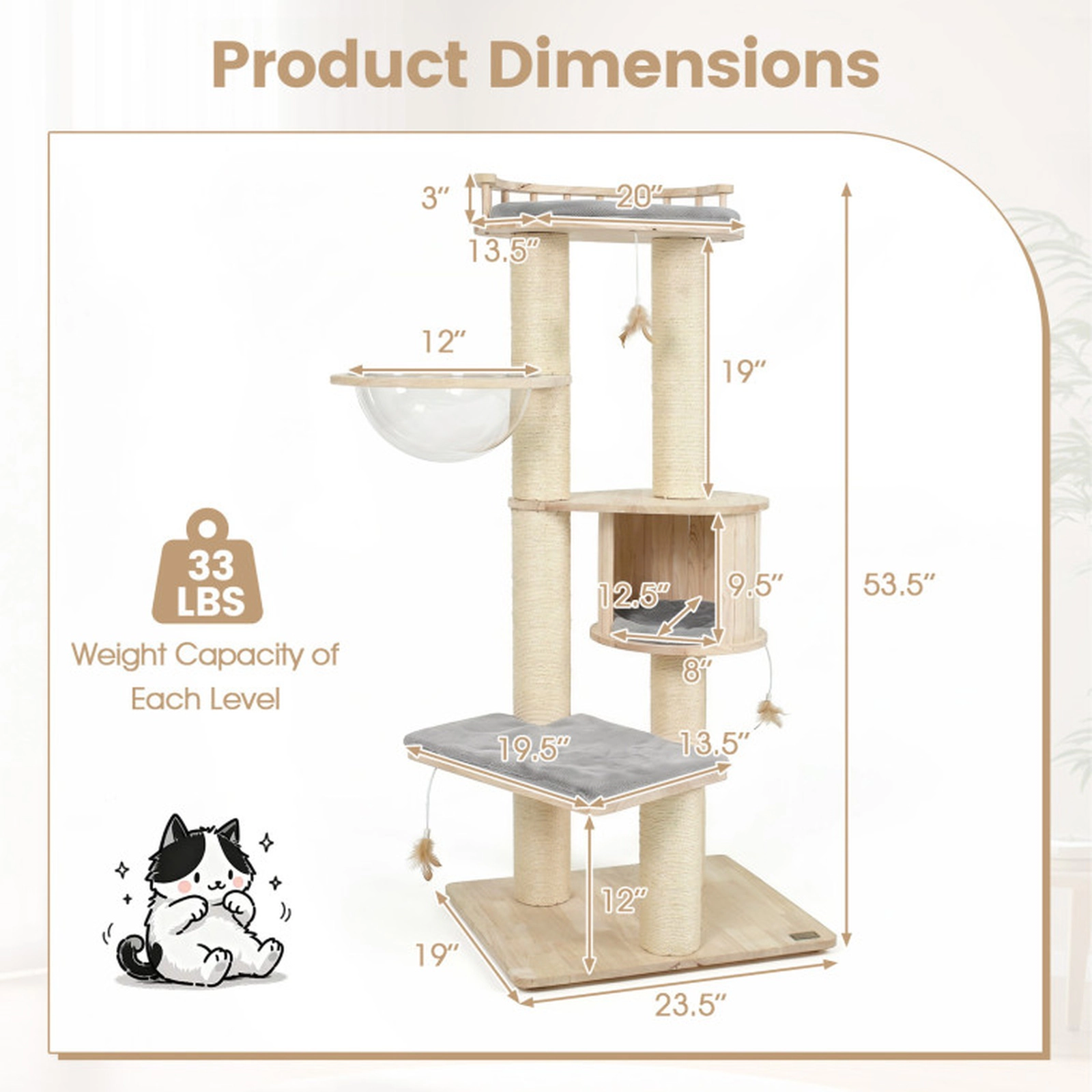 SUGIFT Gray 53.5-in Multi-Level Indoor Cat Tree Tower with Top Perch Condo Space Capsule and 3 Feather Toys