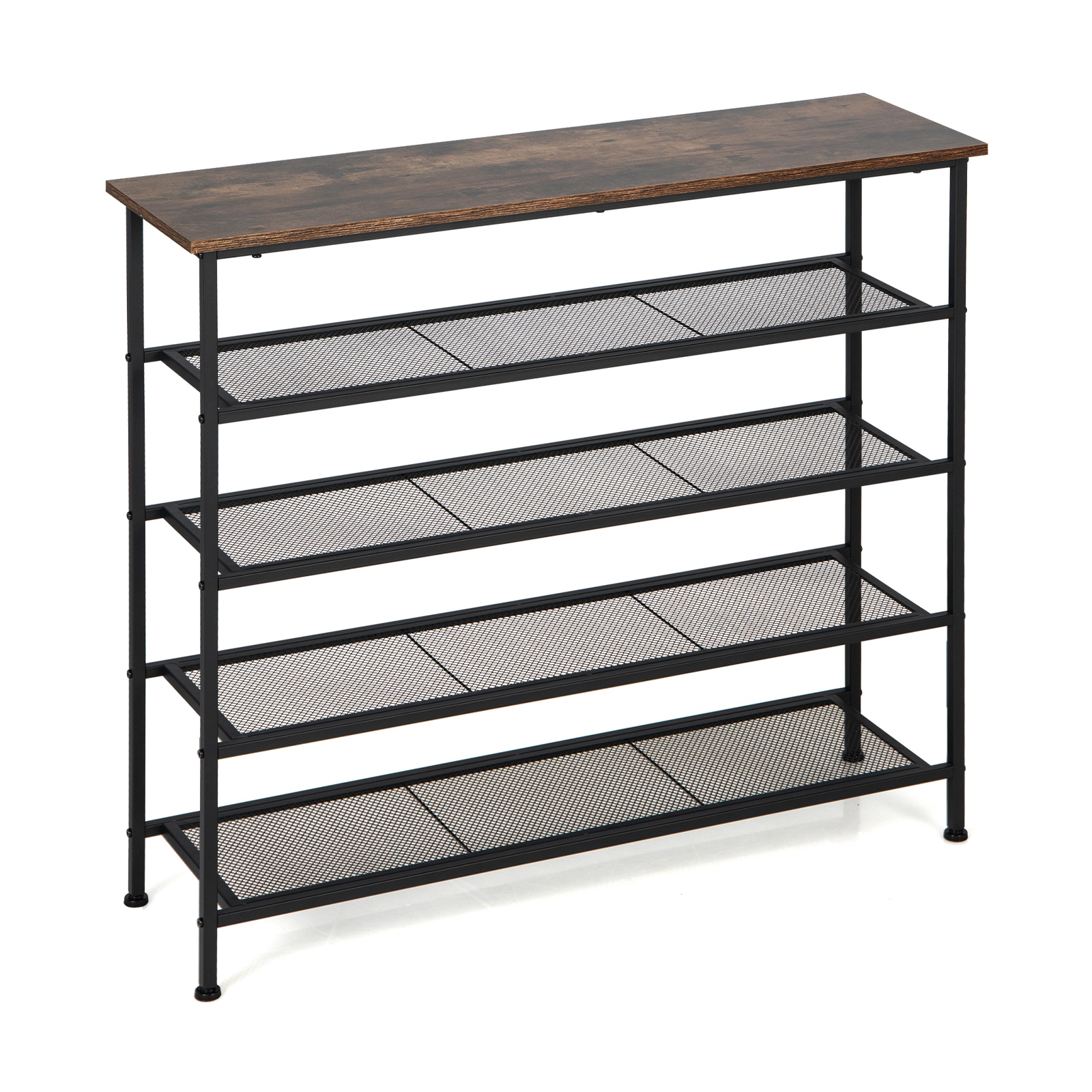 SUGIFT Rustic Brown 4 Mesh Shelves for 16-20 Pairs 5-Tier Industrial Metal Shoe Rack
