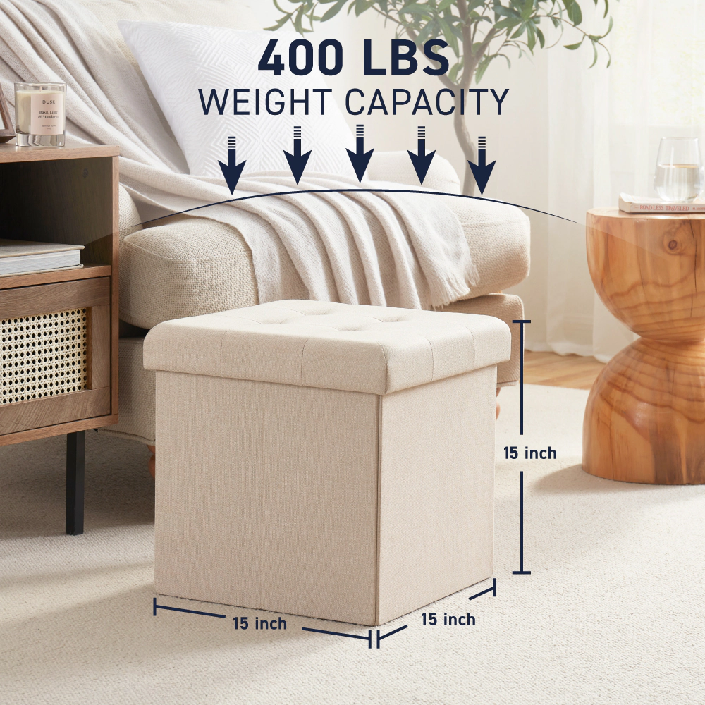 Ornavo Home 2 Pack - 15" Collapsible Square Cube Storage Ottoman, Perfect for Dorms, Livingroom and Bedroom