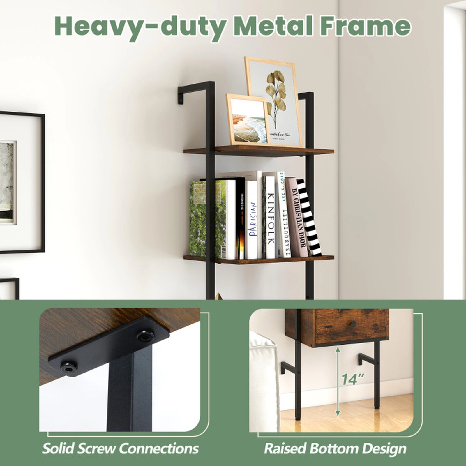 SUGIFT 5-Tier 70-in Tall Ladder Shelf Bookshelf with Storage Drawer Powder-Coated Frame and 4 Toppling Kits