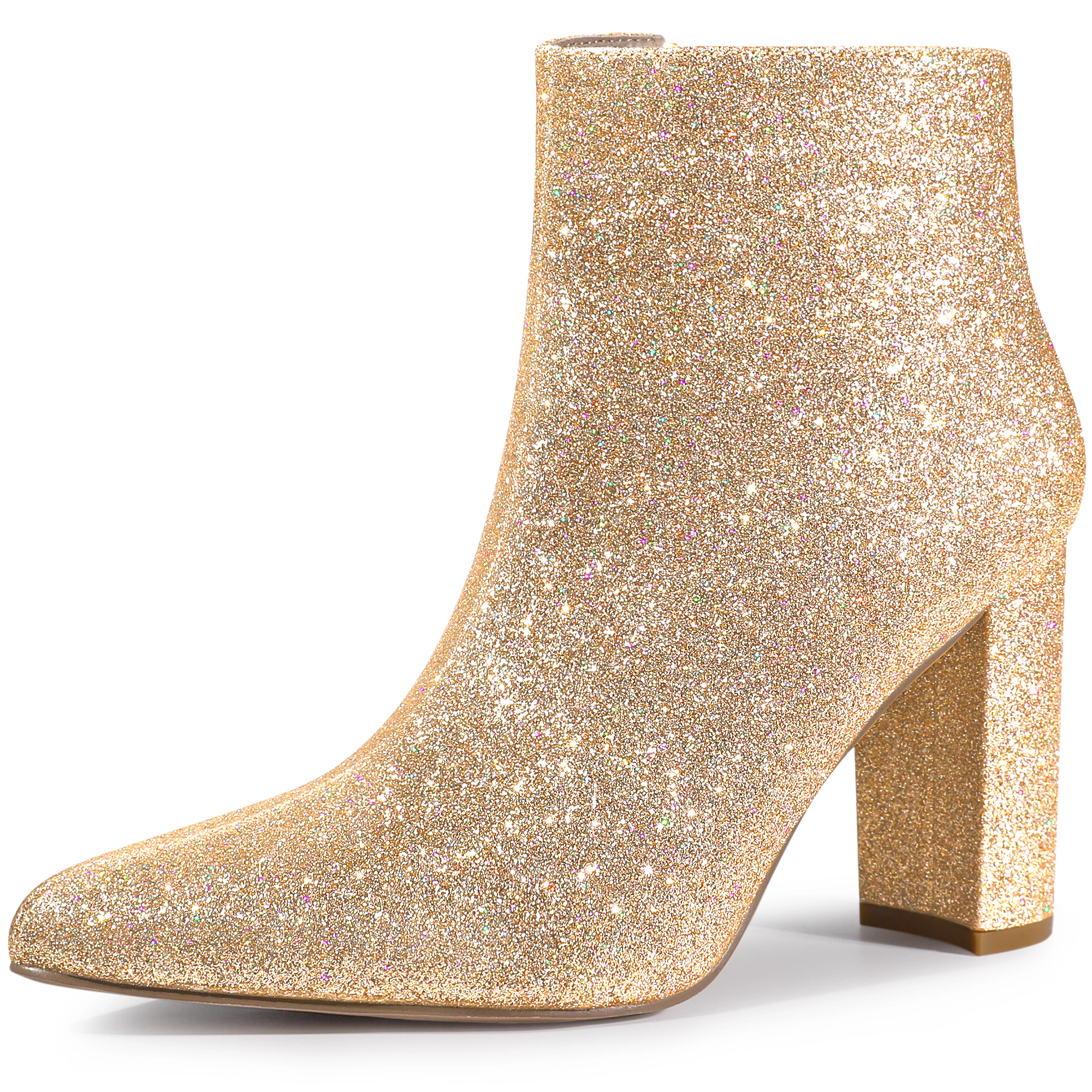 BLISSFUL STEP Women's Pointed Toe Chunky Heels Glitter Ankle Boots