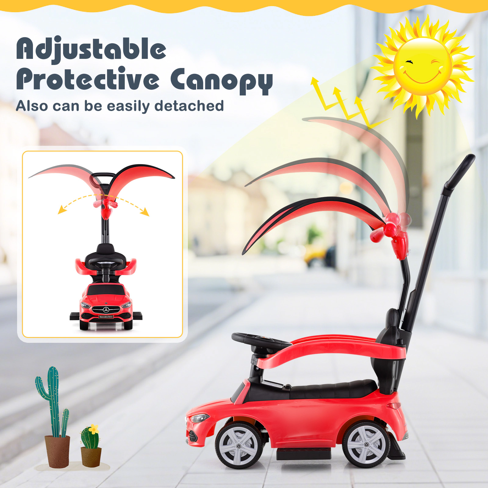 3-in-1 Toddler Push Car with Handle Canopy Guardrail and Under-Seat Storage for 18-36 Months Sliding Ride On Car