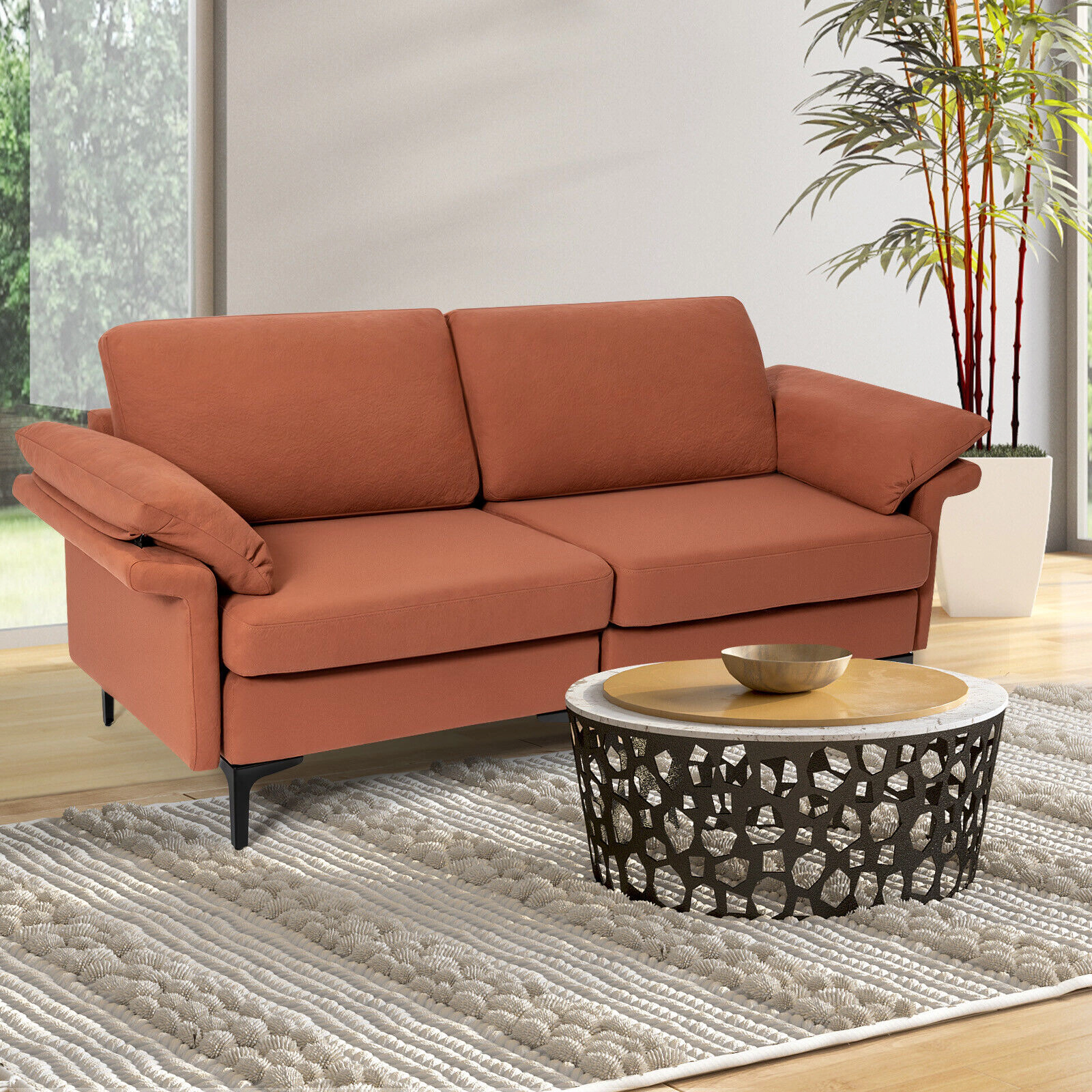 SUGIFT Modern Fabric Loveseat Sofa Rust Red with Metal Legs and Armrest Pillows