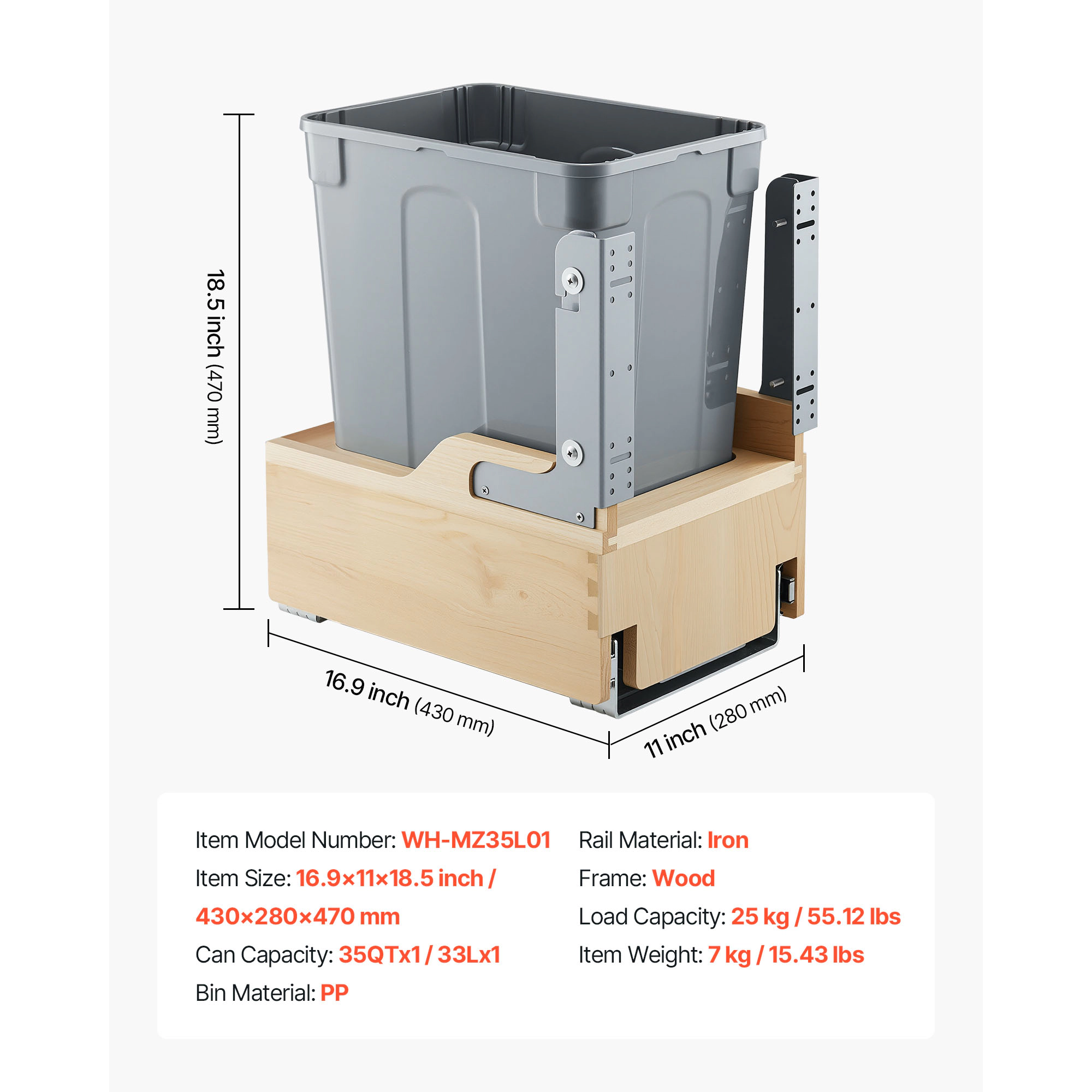 HONGGE Pullout Trash Can for Kitchen Cabinets 35 QT Garbage Waste Recycling Bin Under Mount Waste Container with Heavy