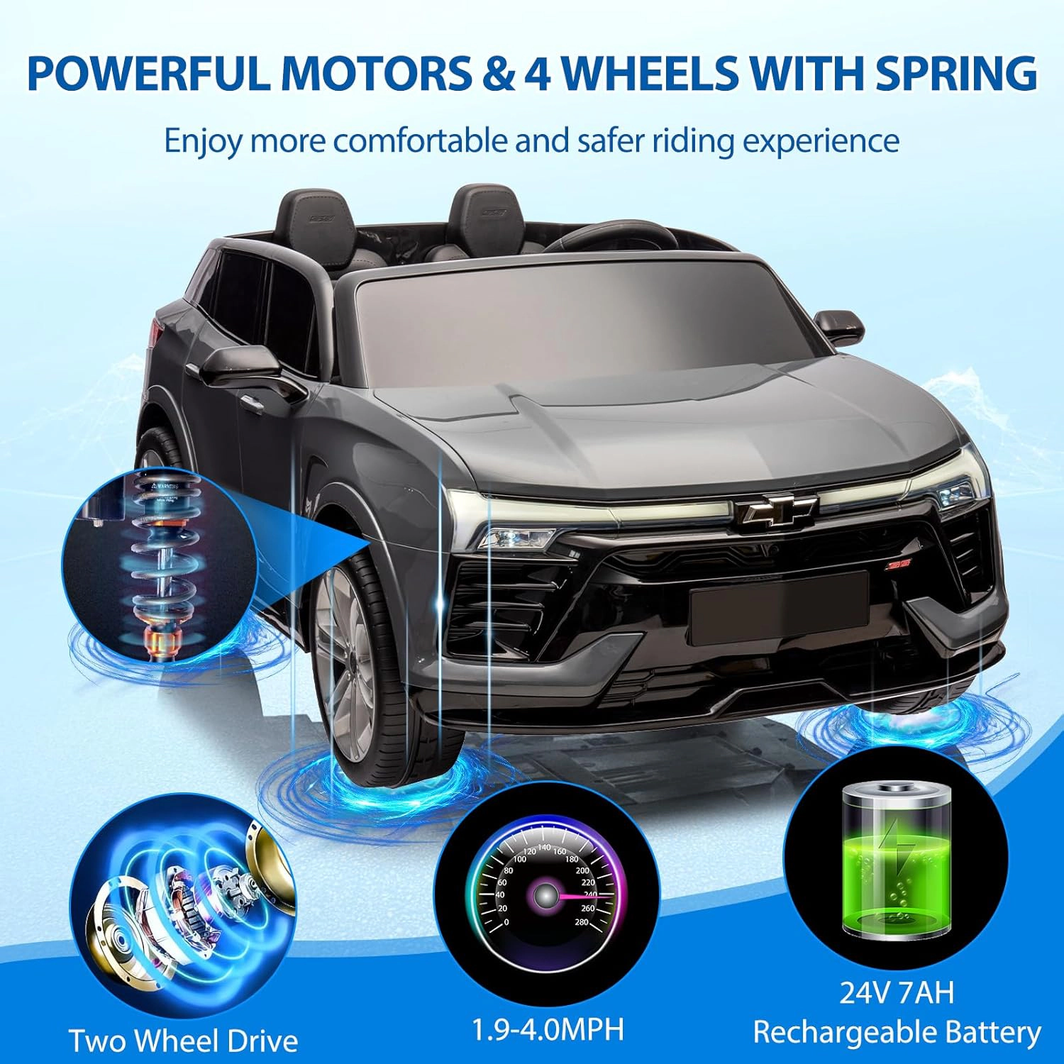 24V Licensed Chevrolet Blazer 2-Seater Kids Ride On SUV, Electric Car w/Remote, 3 Speeds, Music, LED Lights, Suspension