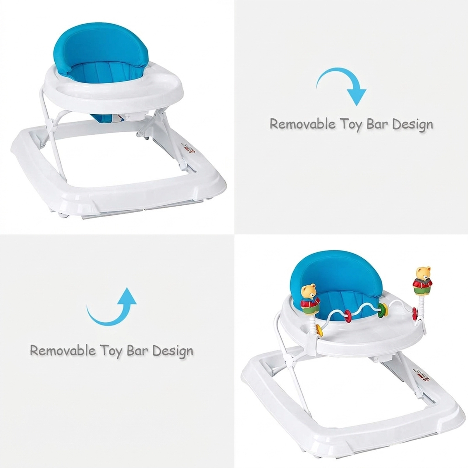 Adjustable Height Folding Baby Walker with Safety Belt 6 Non-Slip Pads Large Bottom Bumper Blue
