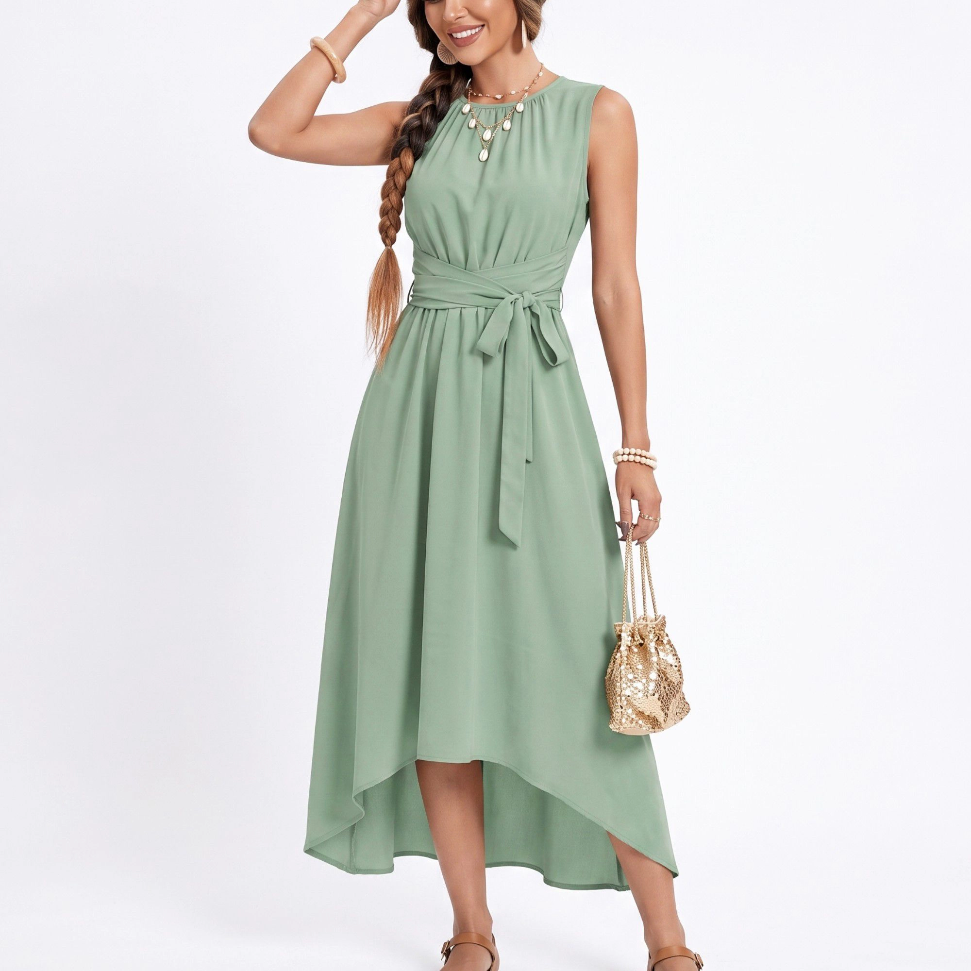 Anna-Kaci Women's High Low Sleeveless Tie Waist A-Line Midi Dress