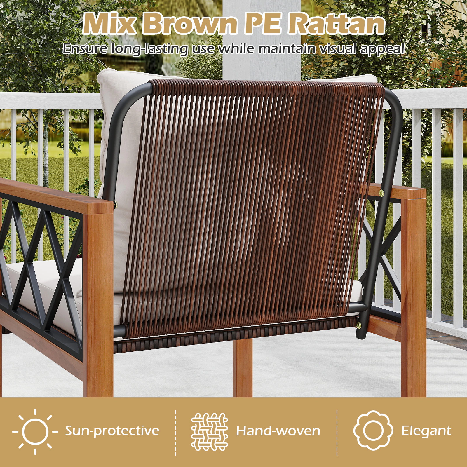 SUGIFT 5 Piece PE Wicker Patio Furniture Set with Acacia Wood Frame Loveseat and 2 Tables