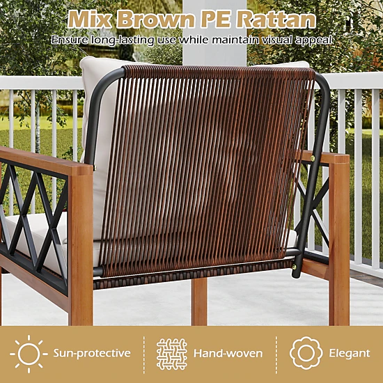 SUGIFT 5 Piece PE Wicker Patio Furniture Set with Acacia Wood Frame Loveseat and 2 Tables