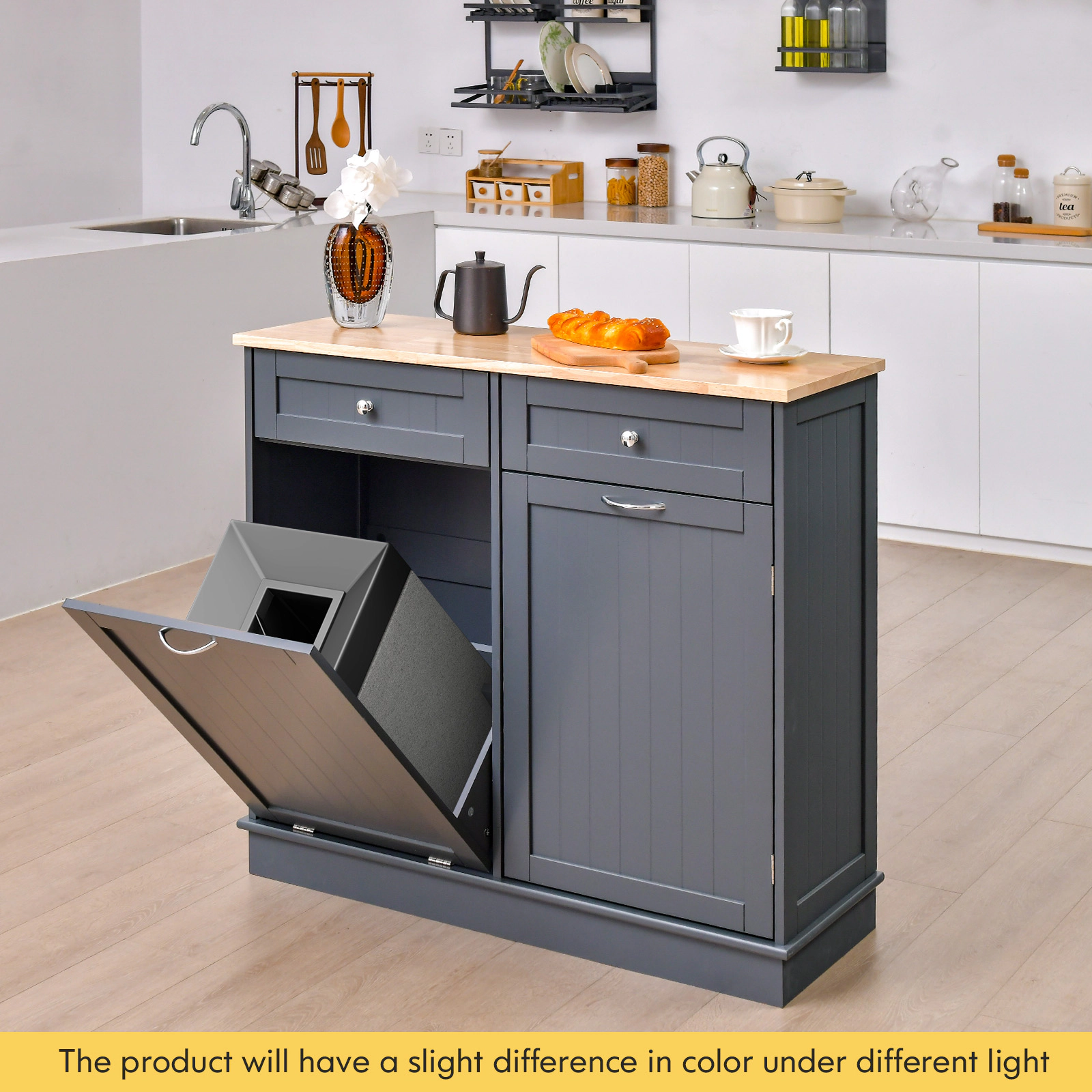 SUGIFT Til-Out Trash Bin Cabinet Sideboard with Single Trash Can Holder and Adjustable Shelf 220-lb Top Capacity Gray